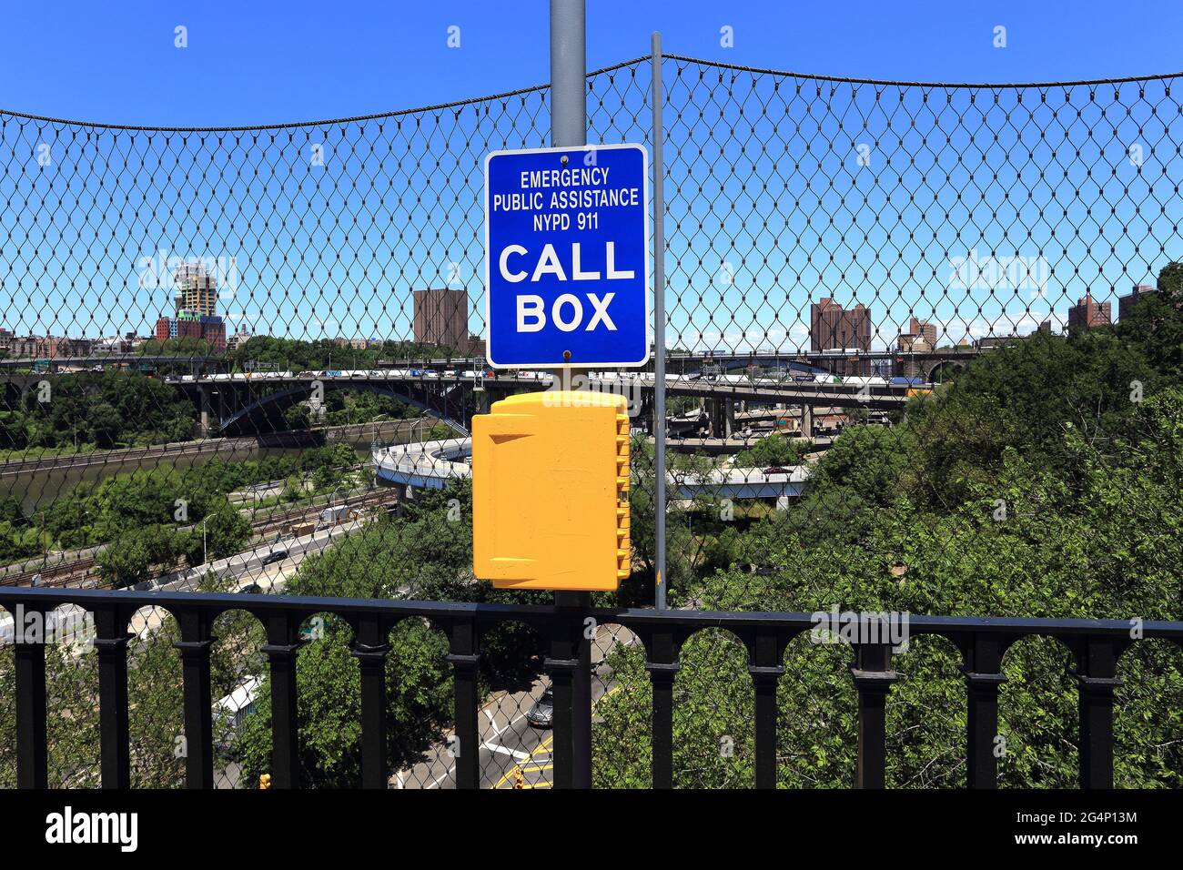 Emergency call box on the High Bridge over the Harlem River, Bronx, New York Stock Photo