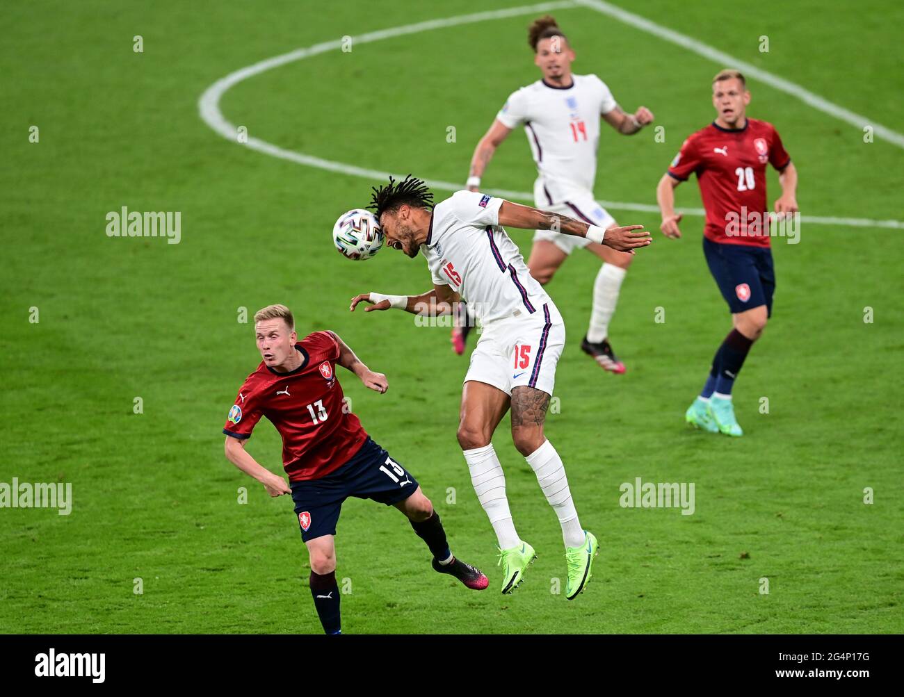 Soccer Football - Euro 2020 - Group D - Czech Republic v England - Wembley Stadium, London, Britain - June 22, 2021 Czech Republic's Petr Sevcik in action with England's Tyrone Mings Pool via REUTERS/Neil Hall Stock Photo