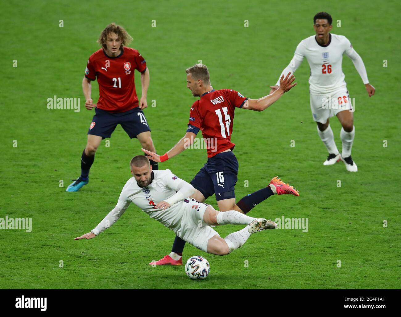 London, England, 22nd June 2021. Luke Shaw of England tackled by Tomas Soucek of Czech Republic during the UEFA European Championships match at Wembley Stadium, London. Picture credit should read: David Klein / Sportimage Stock Photo