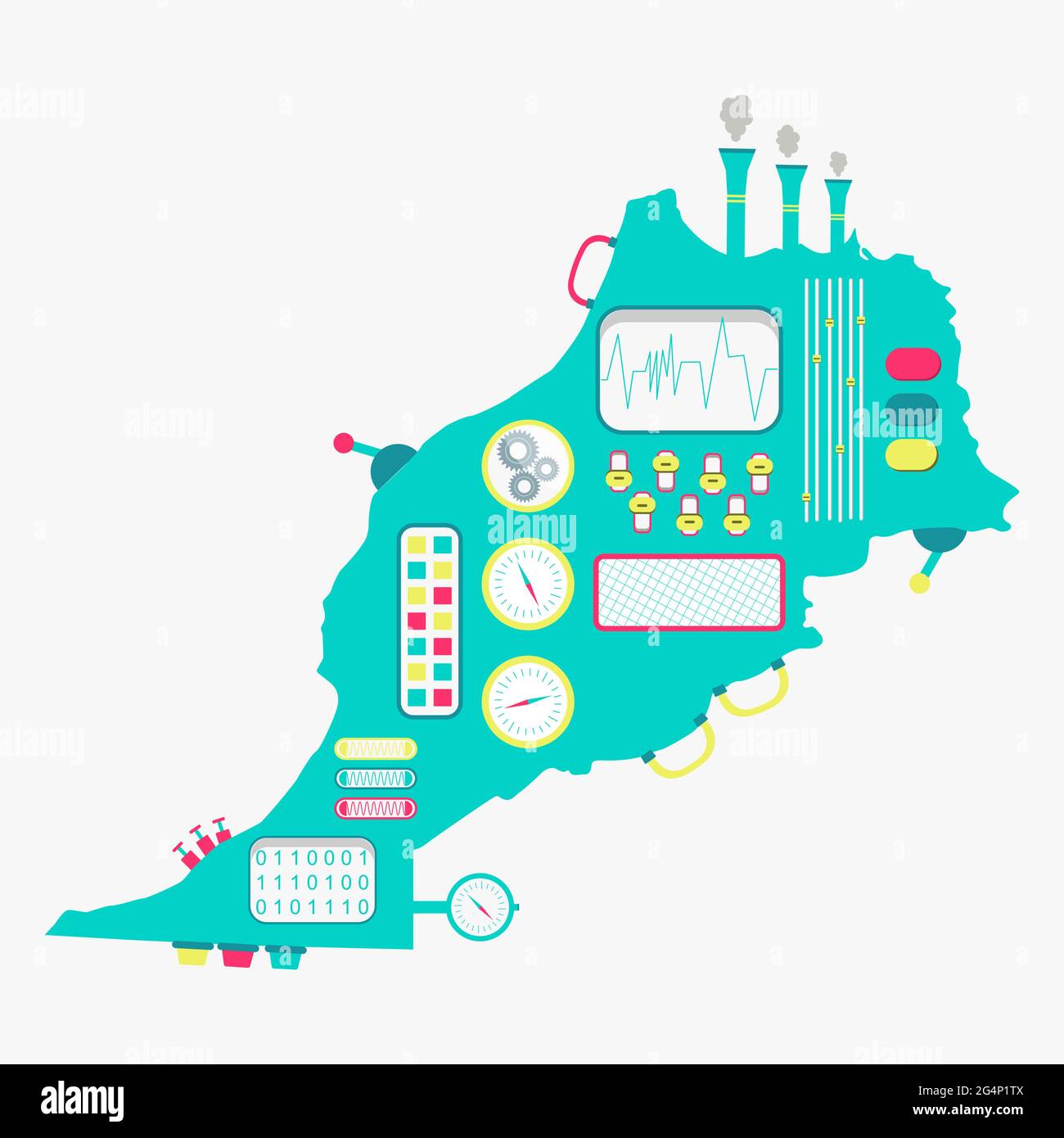 Map of Marocco like a cute machine with buttons, panels and levers. Isolated. White background. Stock Vector