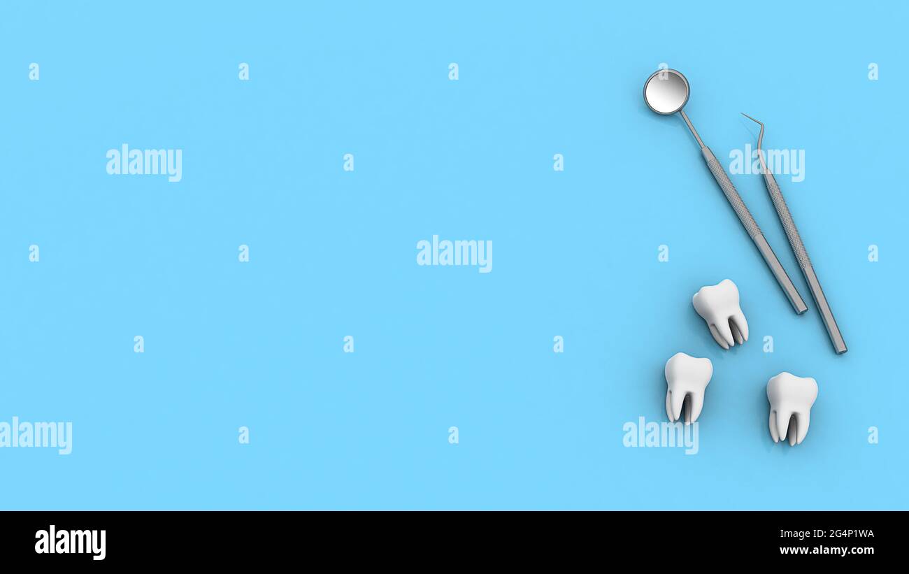 Teeth and dental instrument. Dental mirror and hook with teeth on a ...