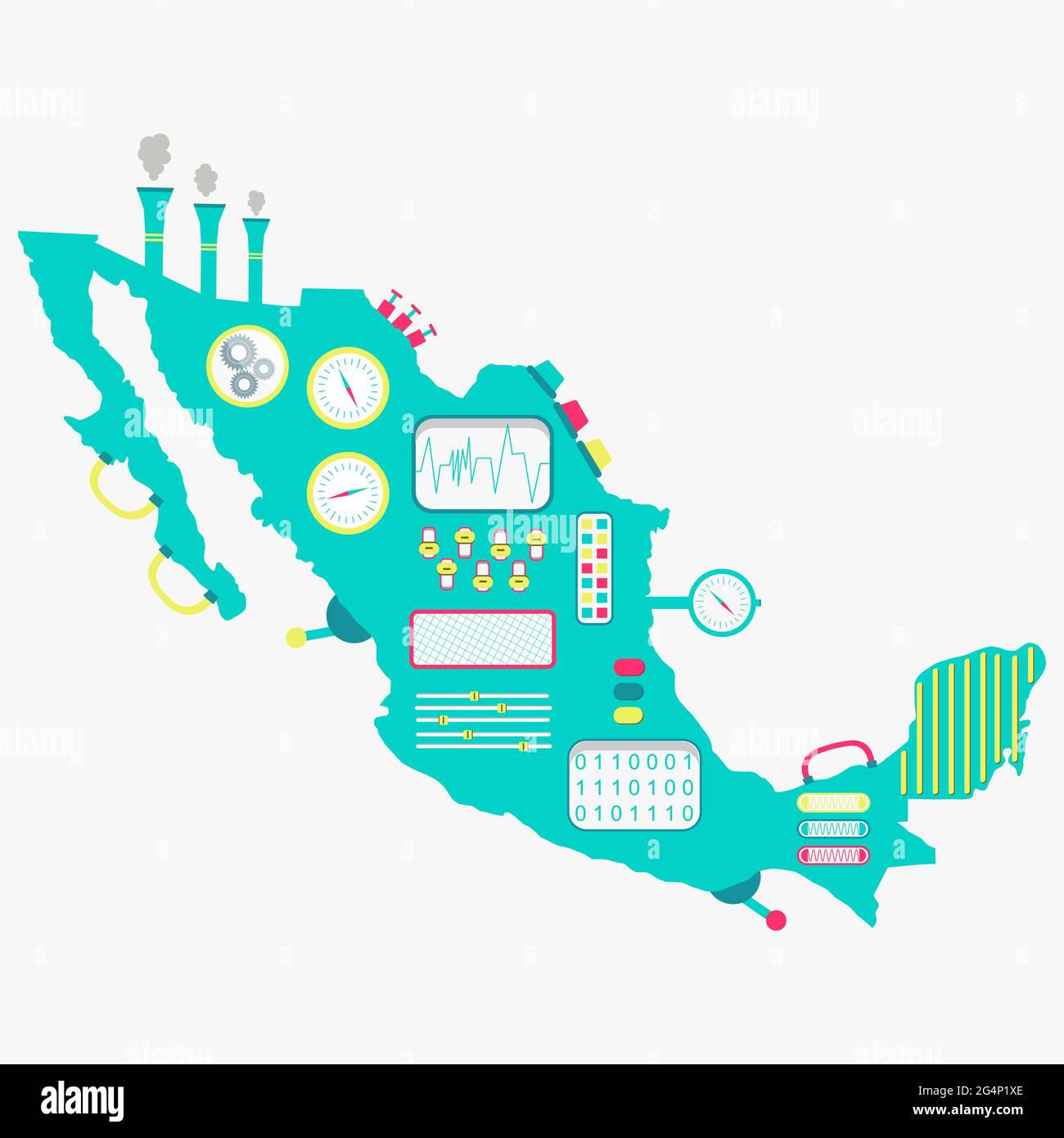 Map of Mexico like a cute machine with buttons, panels and levers. Isolated. White background. Stock Vector