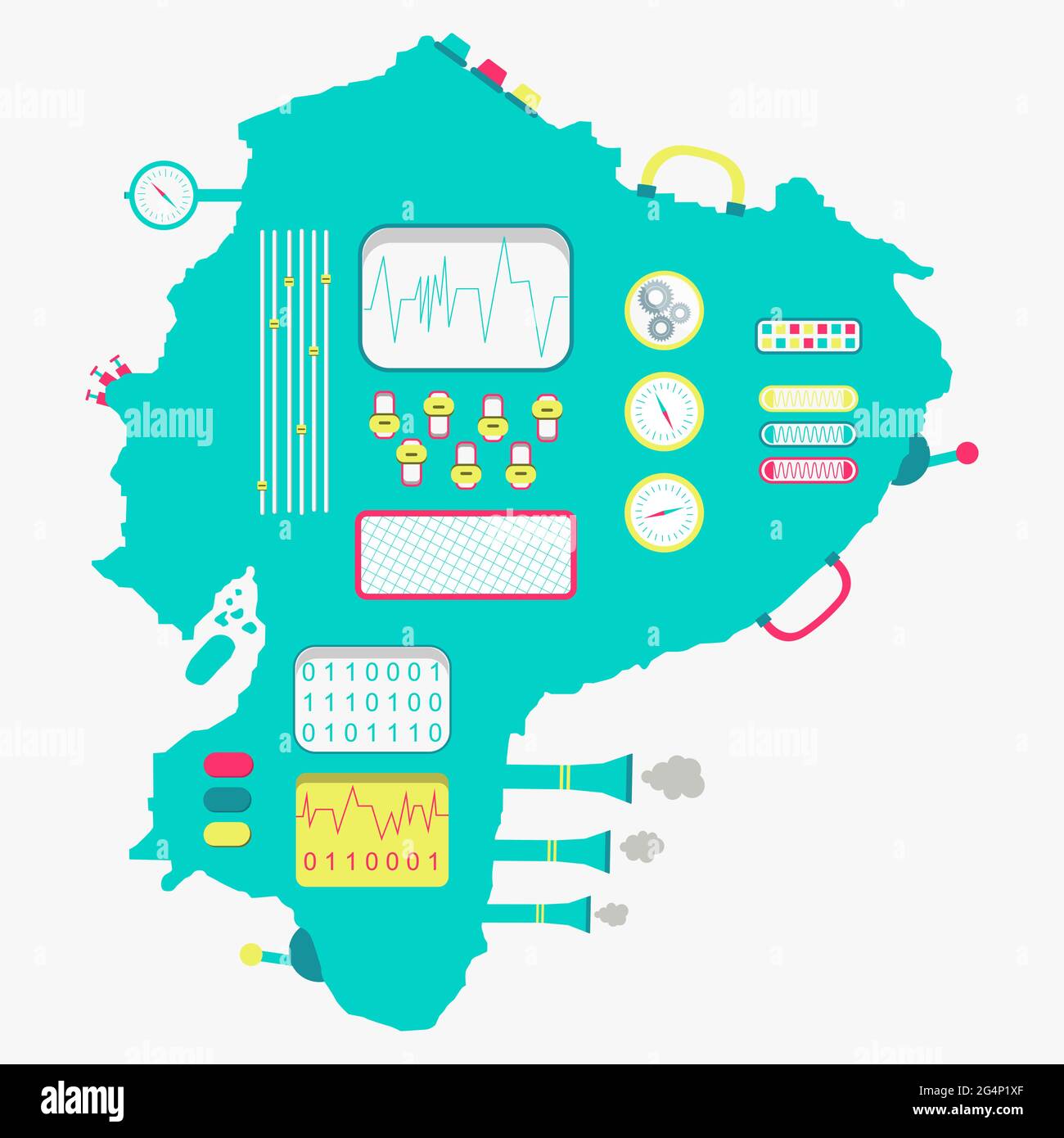 Map of Equator like a cute machine with buttons, panels and levers. Isolated. White background. Stock Vector