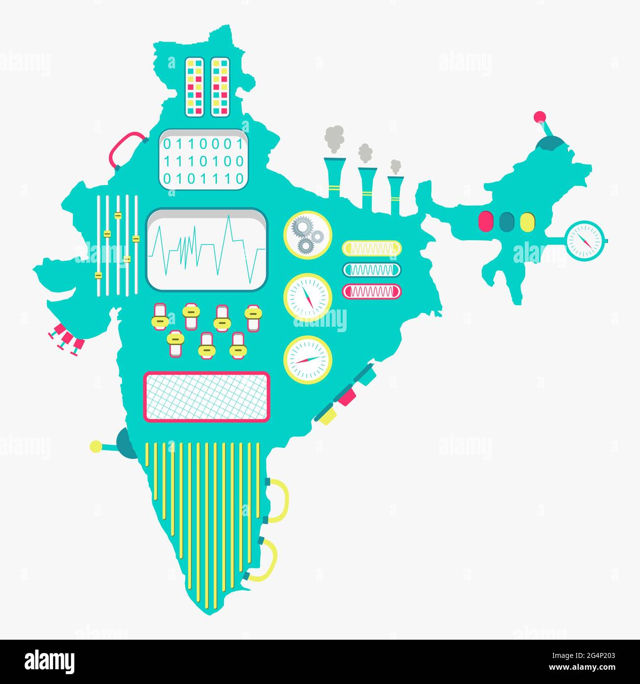 Map of India like a cute machine with buttons, panels and levers. Isolated. White background. Stock Vector