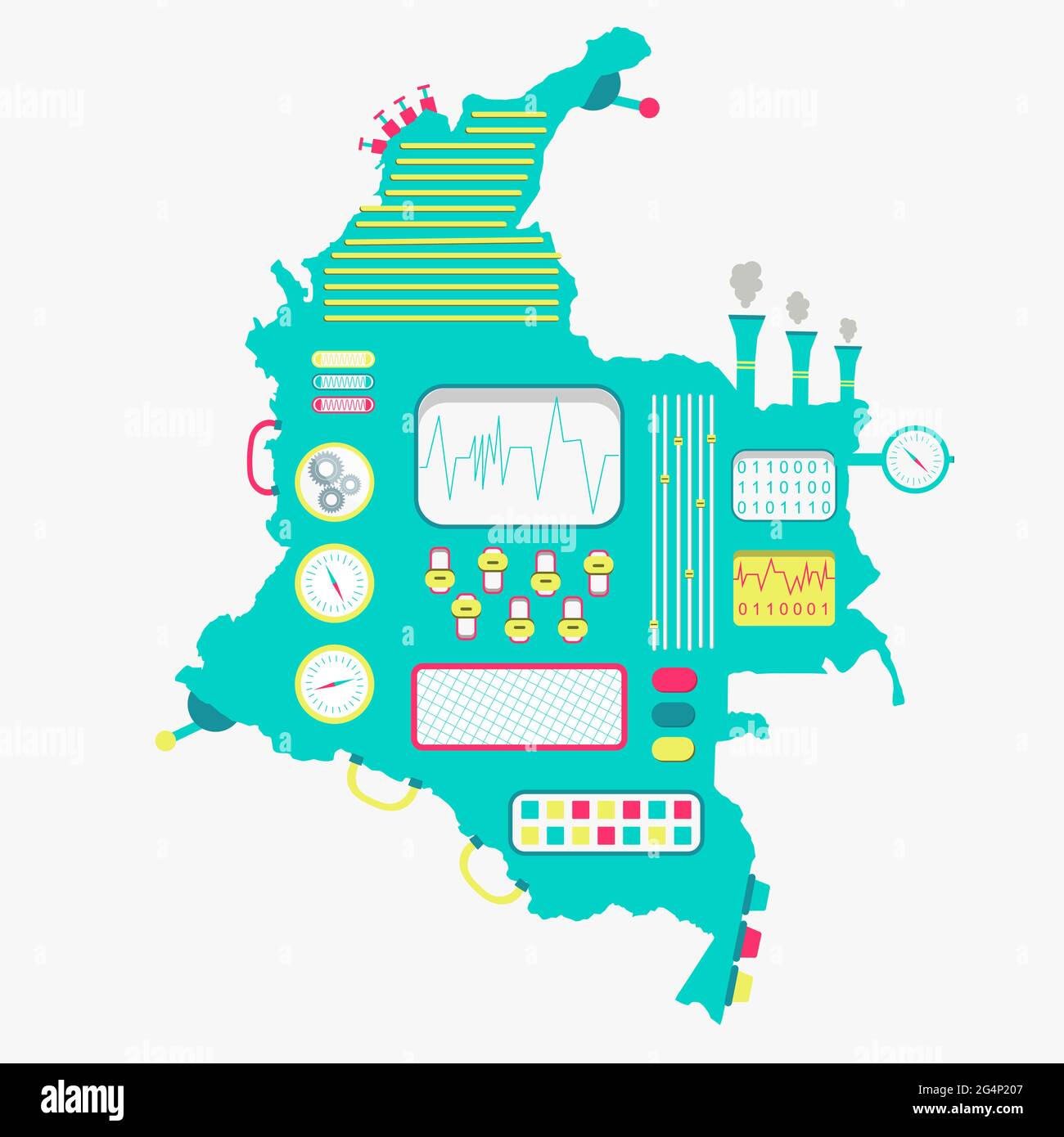 Map of Colombia like a cute machine with buttons, panels and levers. Isolated. White background. Stock Vector