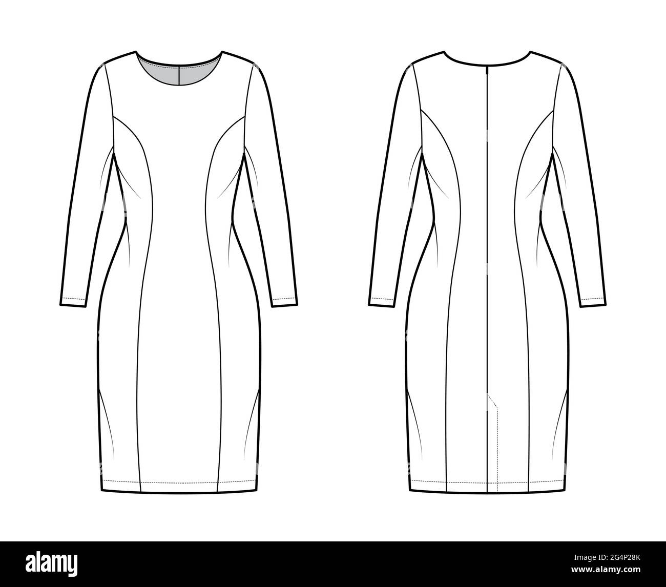 Dress princess line technical fashion illustration with long sleeve ...
