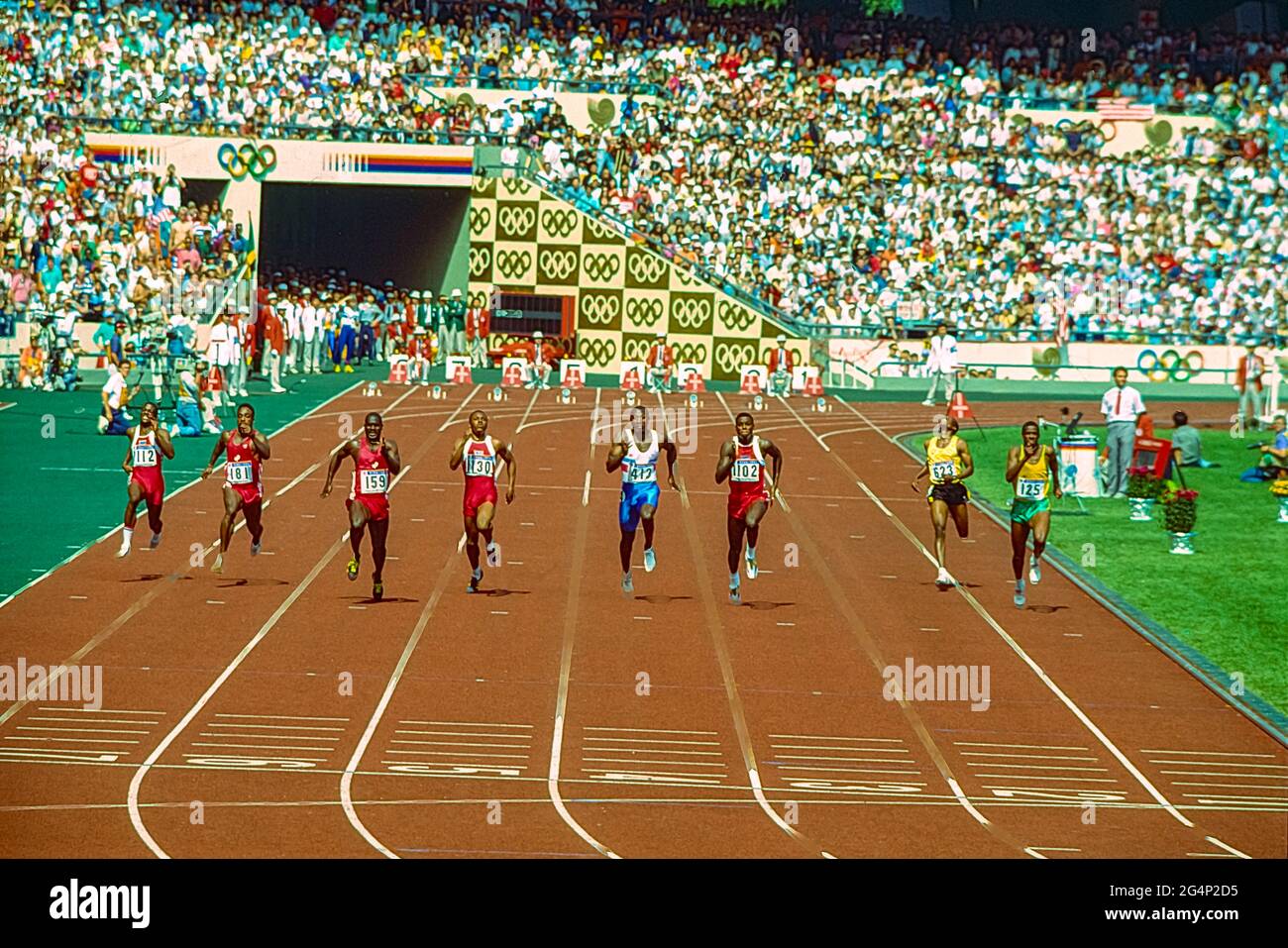 Final of the Men's 100m at the 1988 Olympic Summer Games. Ben Johnson (CAN) #159 wins but is later disqualified giving the victory to Carl Lewis (USA) #1102. Stock Photo