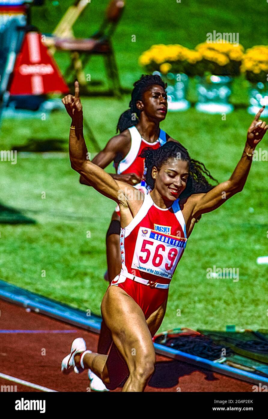 Florence Griffith Joyner (USA) wins the gold medal in the Women's 100m