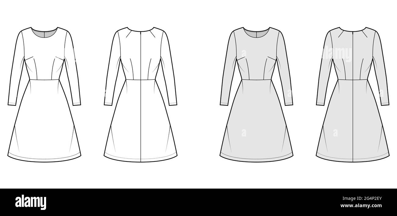 Dress A-line technical fashion illustration with long sleeves, fitted body,  natural waistline, knee length skirt. Flat apparel front, back, white, grey  color style. Women, men unisex CAD mockup Stock Vector Image &