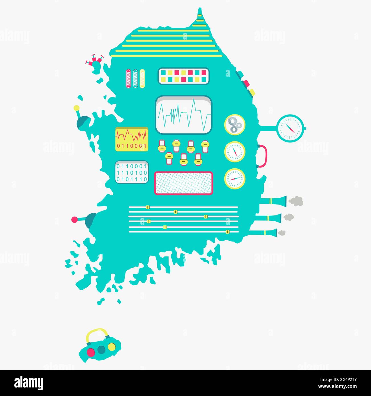 Map of South Korea like a cute machine with buttons, panels and levers. Isolated. White background. Stock Vector