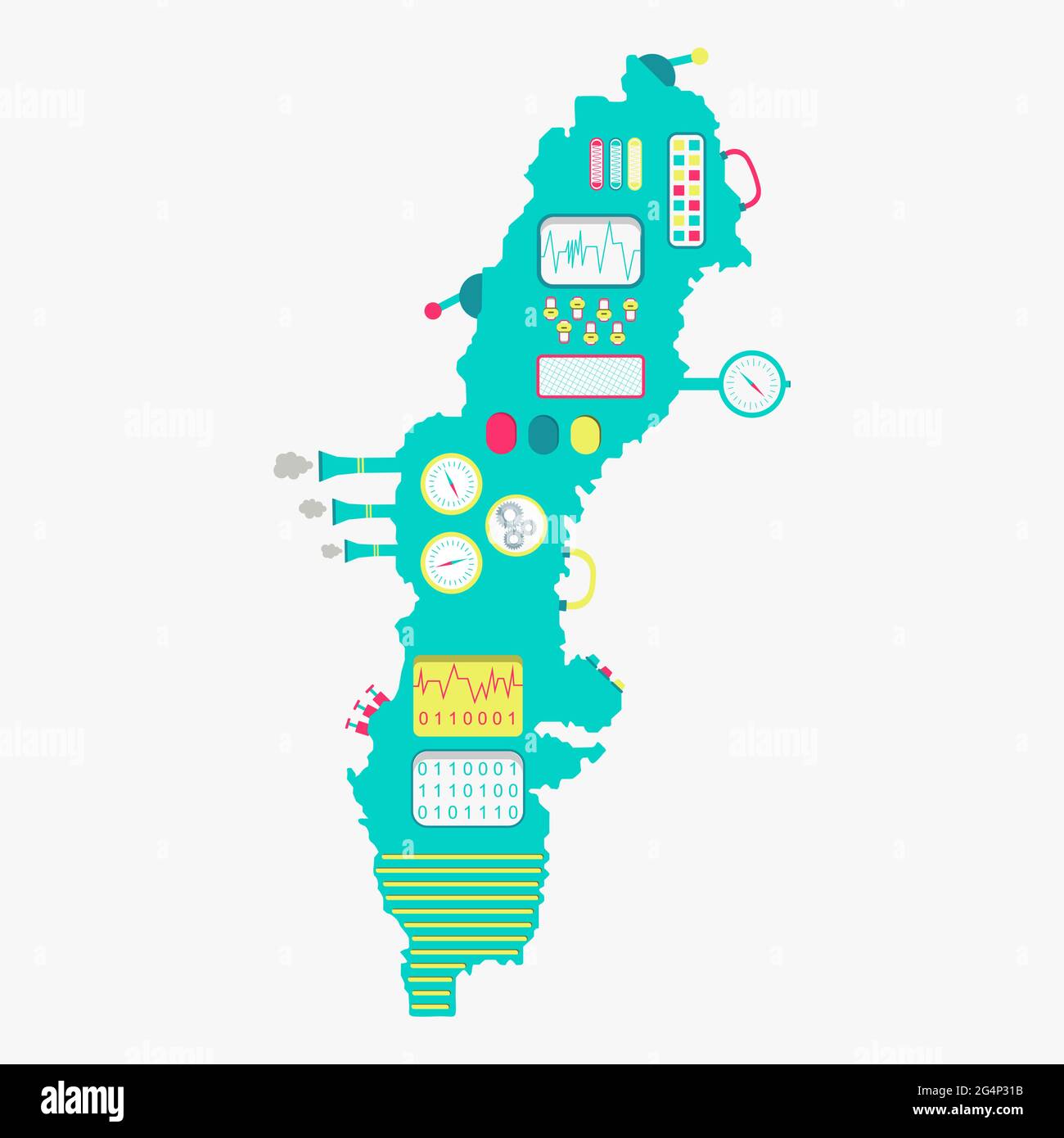 Map of Sweden like a cute machine with buttons, panels and levers. Isolated. White background. Stock Vector