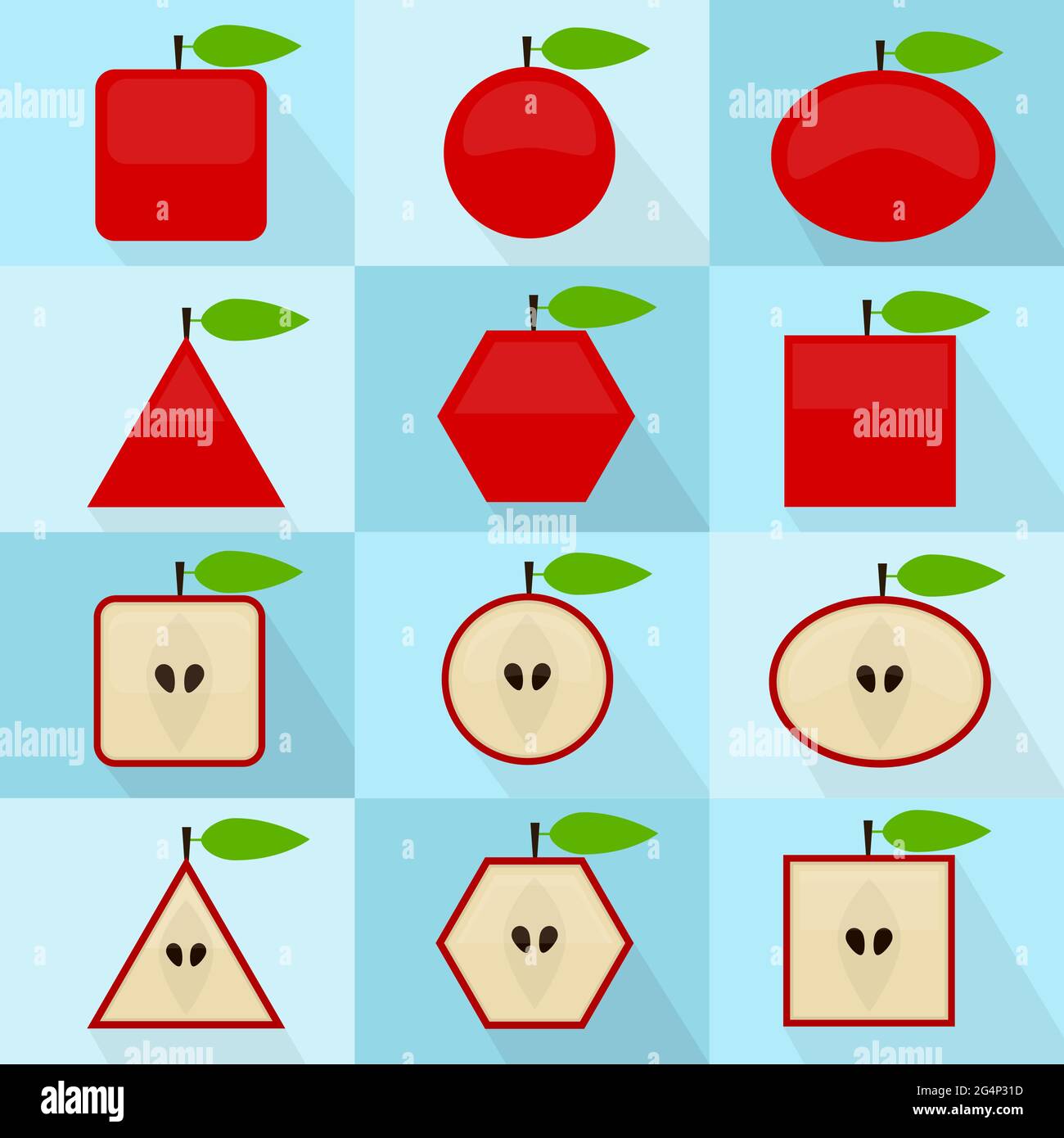 Apple in different geometric shapes. It can be used as icons. Interior and exterior of the fruit. With long shadows. Stock Vector