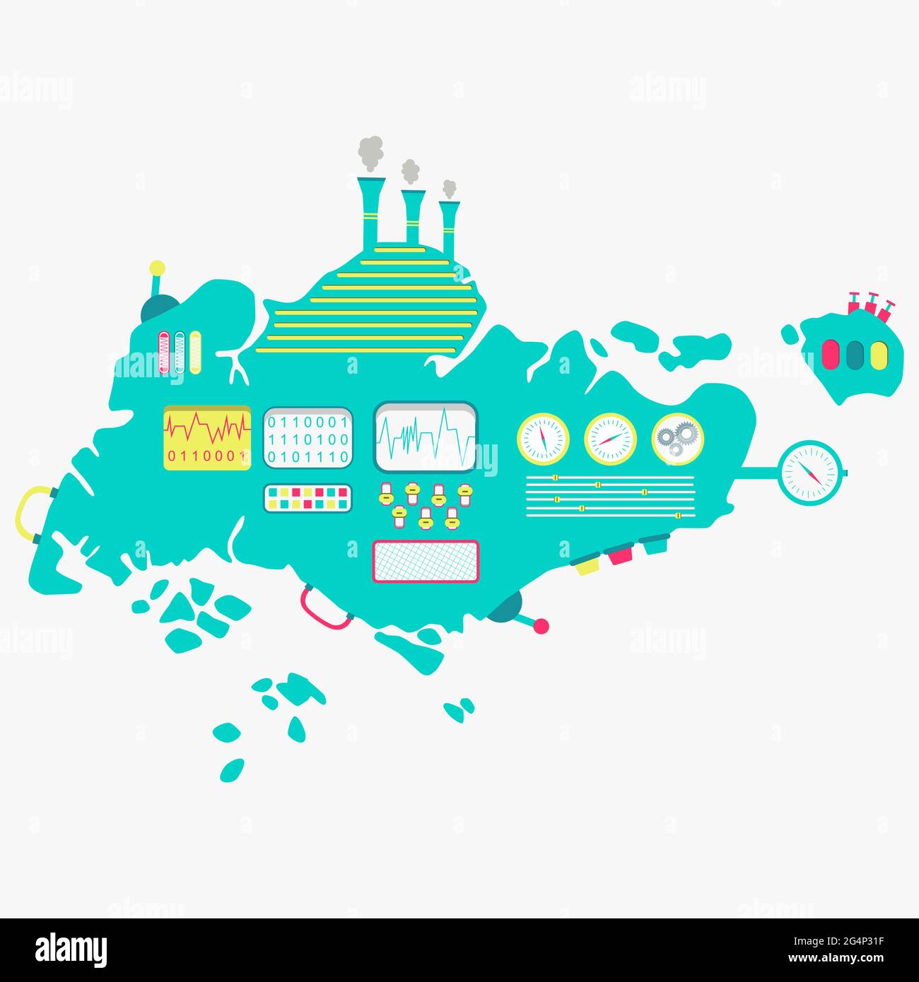 Map of Singapore like a cute machine with buttons, panels and levers. Isolated. White background. Stock Vector