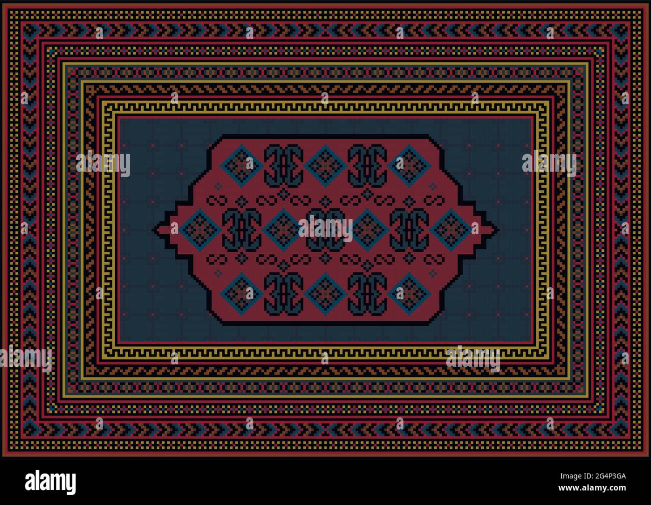 Vintage carpet with oriental ornaments in red and blue tones with gray ...