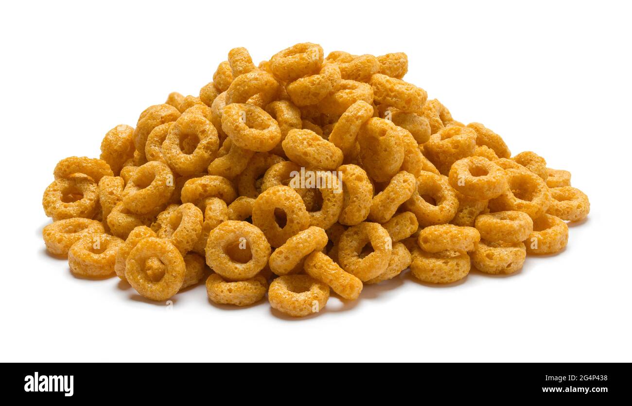 Pile of Toasted Oat Cereal Cut Out on White. Stock Photo