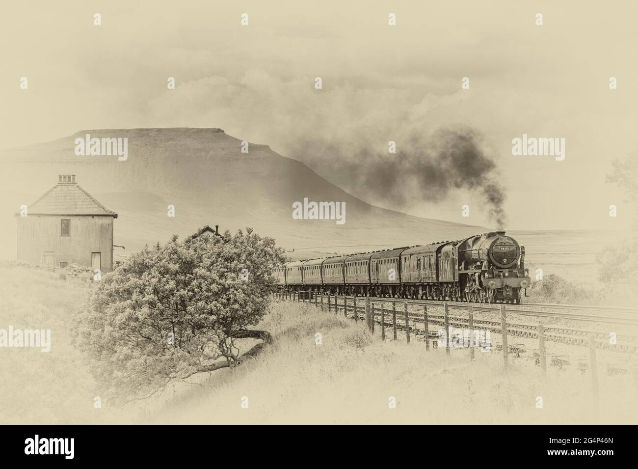 The Dalesman headed by 46115 Scots Guardsman steam train just passing Blea Moor signal box with Ingleborough mountain in the background Stock Photo