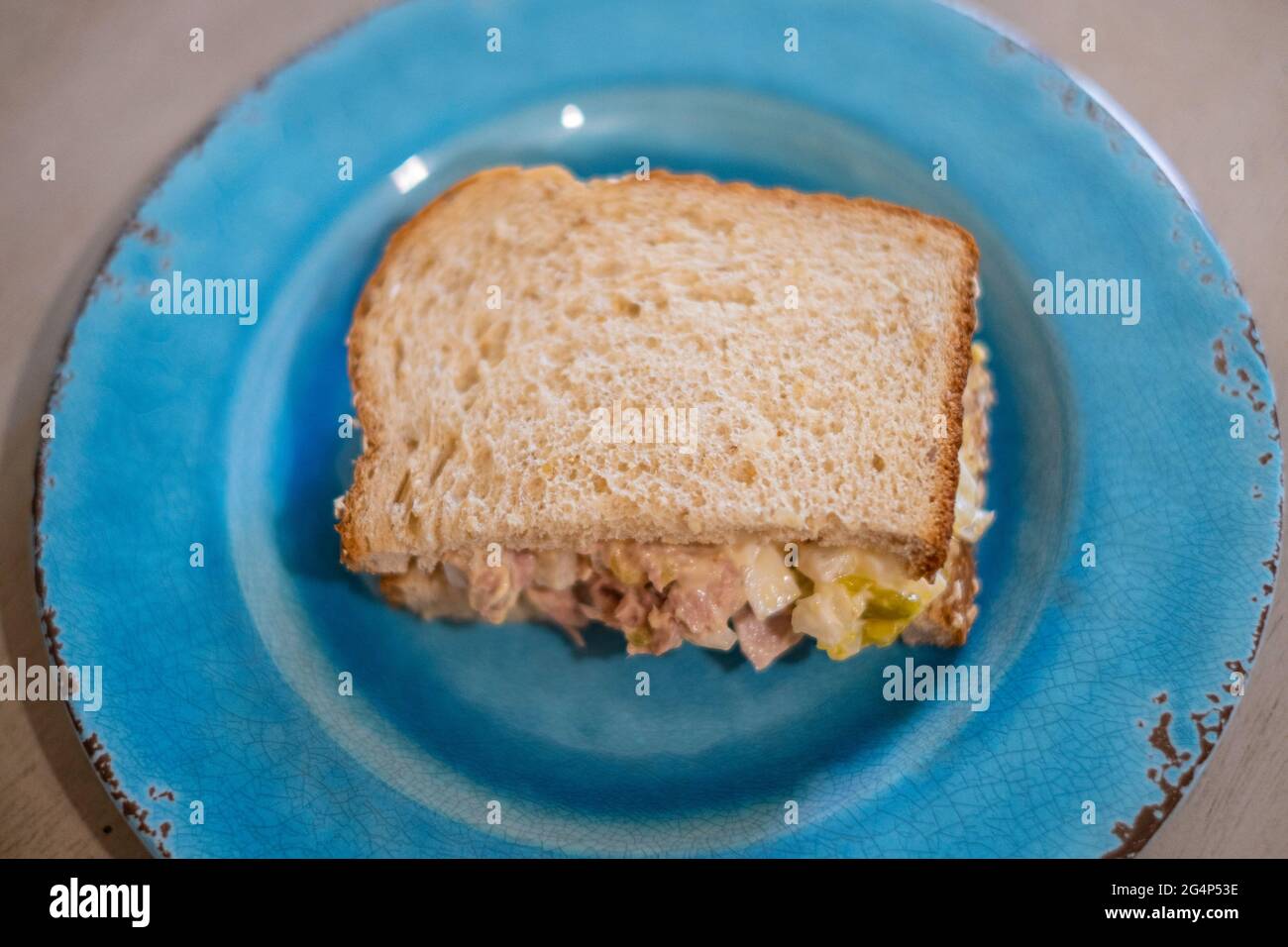 Half of a tuna fish sandwich with oatnut bread on a blue plate. Closeup