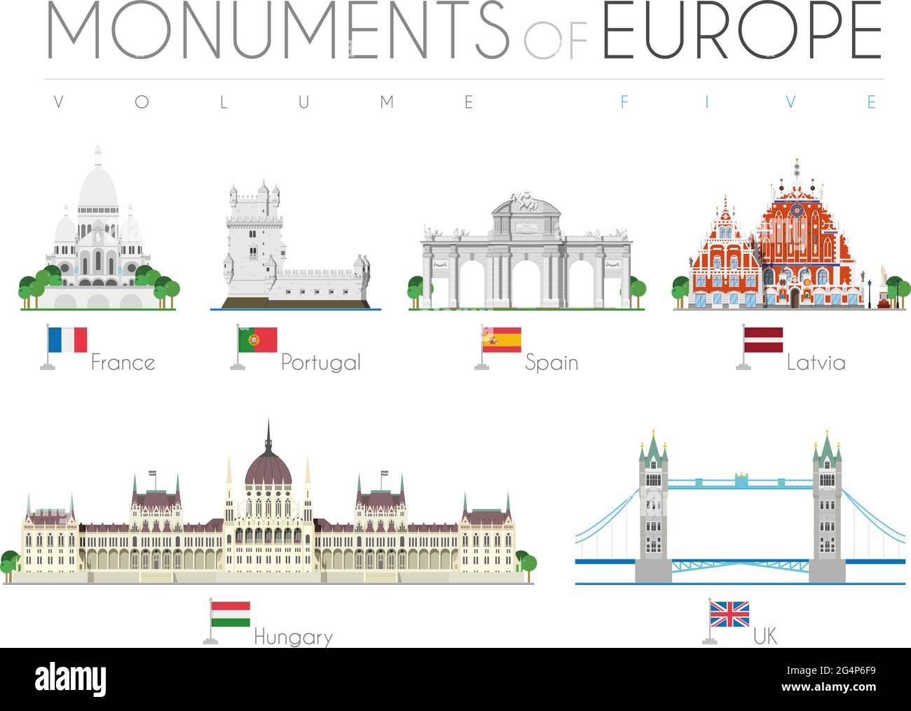 Monuments of Europe in cartoon style Volume 5: Sacre Coeur (France), Belem Tower (Portugal), Alcala Gate (Spain), Blackheads House (Latvia), Hungarian Stock Vector