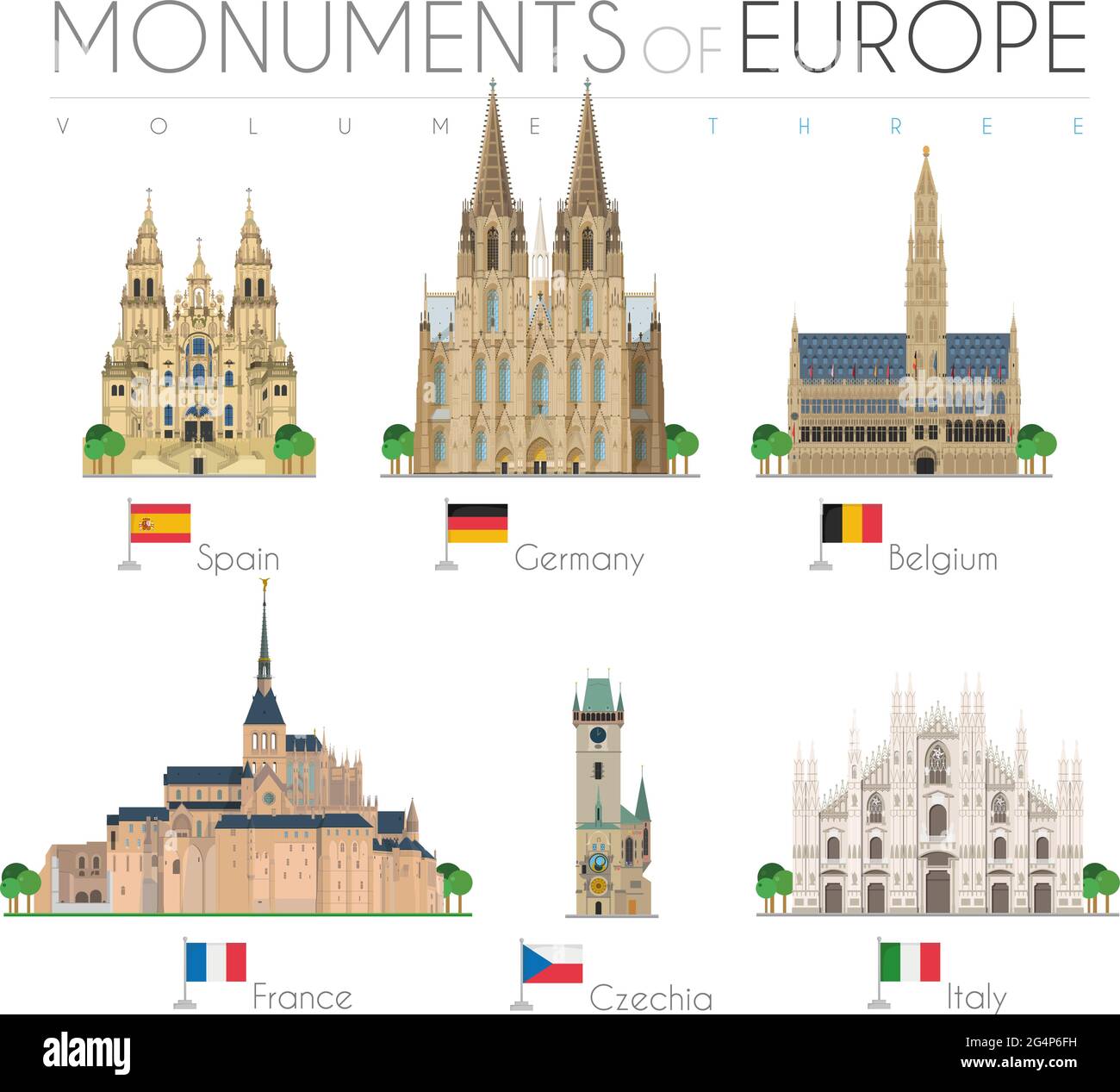 Monuments of Europe in cartoon style Volume 3: Santiago de Compostela Cathedral (Spain), Cologne Cathedral (Germany), Brussels Town Hall (Belgium), Sa Stock Vector