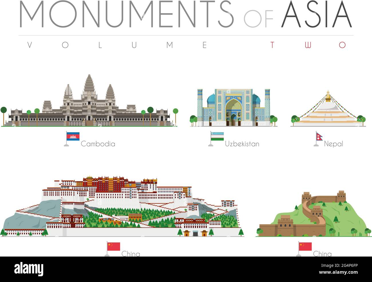Monuments of Asia in cartoon style Volume 2: Angkor Bat (Cambodia), Ragastan Samrakand (Uzbekistan), Boudhanath Stupa (Nepal), Potala Palace and Great Stock Vector