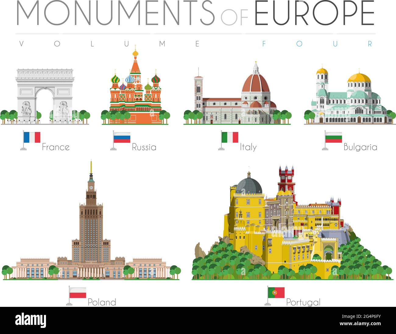 Monuments of Europe in cartoon style Volume 4: Arch of Triumph (France), Saint Basils Cathedral (Russia), Santa Maria dei Fiore (Italy), Alexander Nev Stock Vector