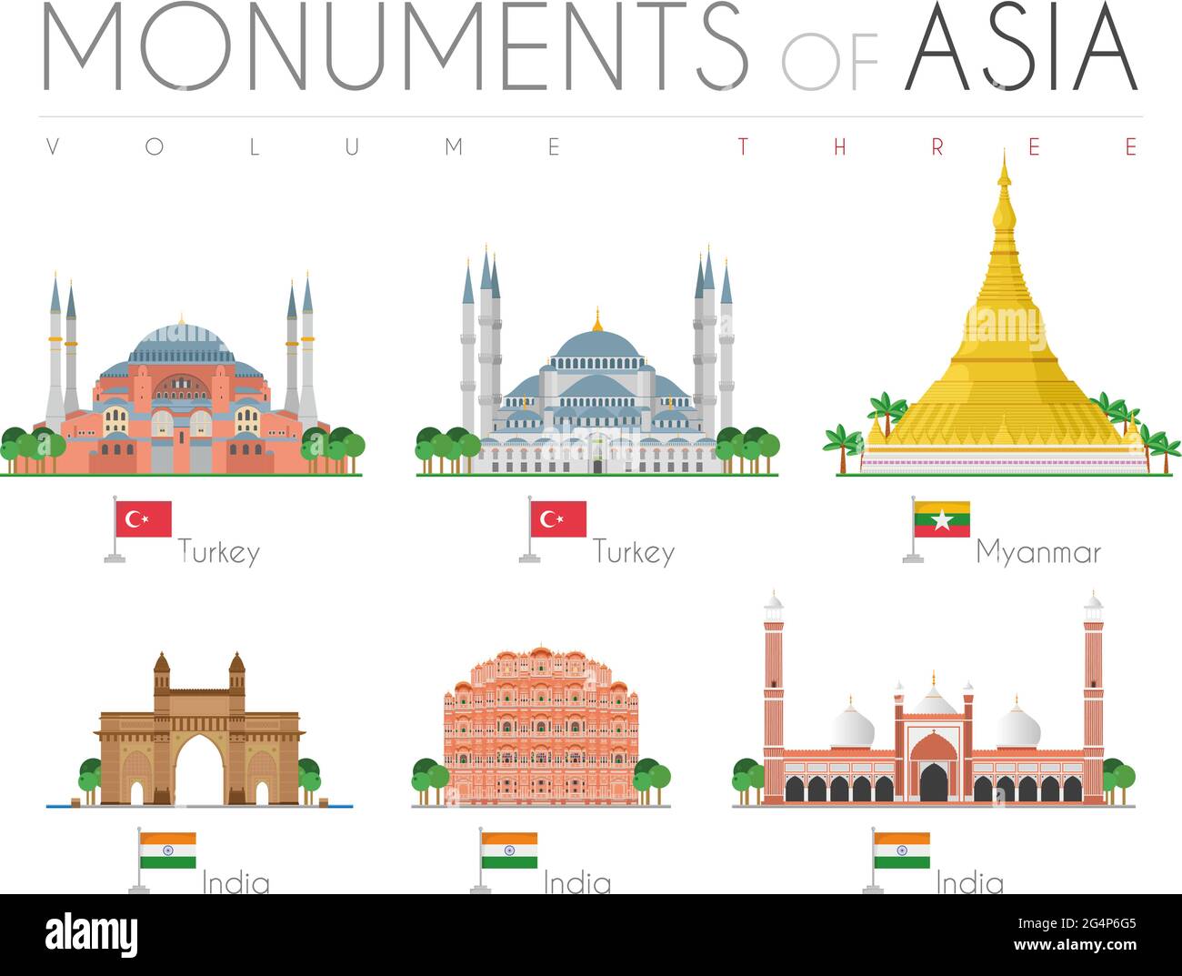 Monuments of Asia in cartoon style Volume 3: Hagia Sophia and Blue Mosque (Turkey), Shwedagon Pagoda (Myanmar), Gate of India, Hawa Mahal and Jama Mas Stock Vector