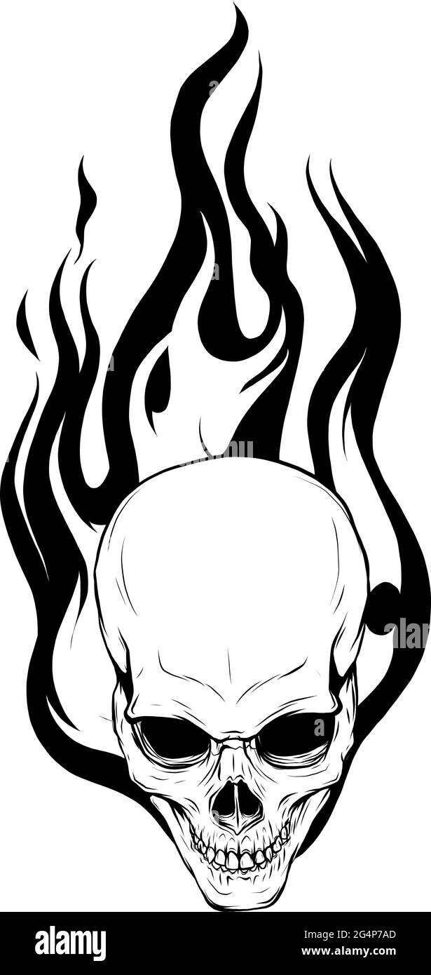 vector illustration of silhouette skull falling with fire flame Stock Vector