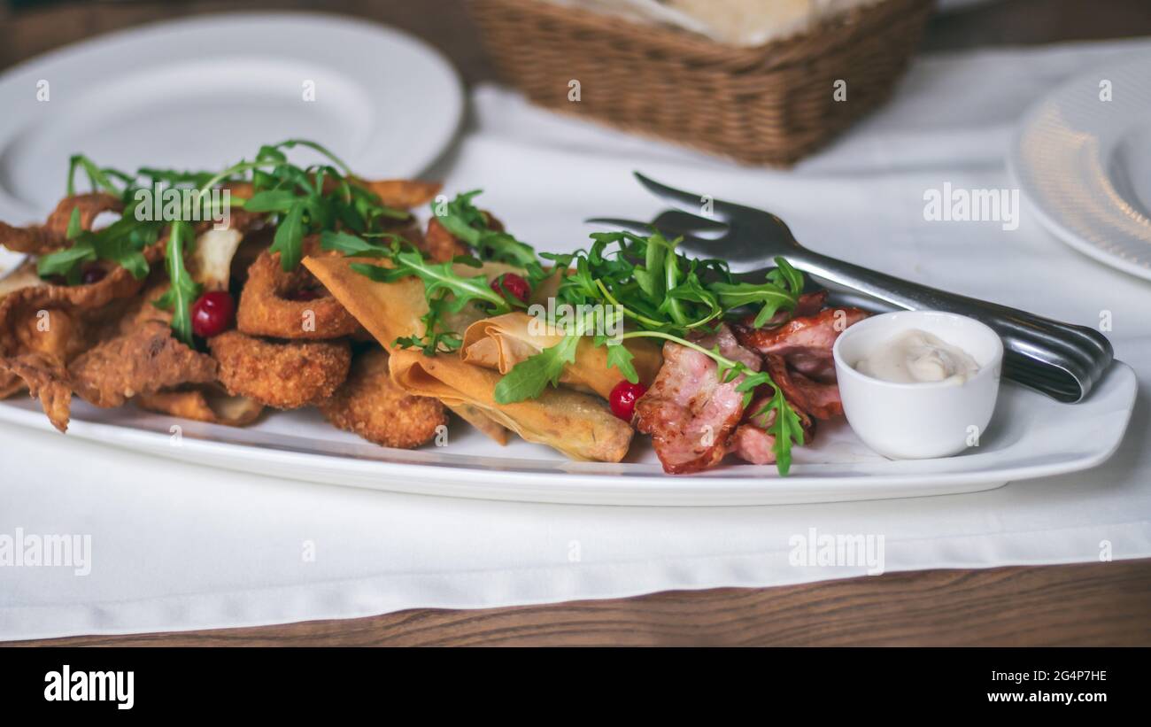 Long oval plate with variety of snacks: chips, nachos, bacon, lavash with cheese, arugula, cranberries, squid rings or breaded onions Stock Photo