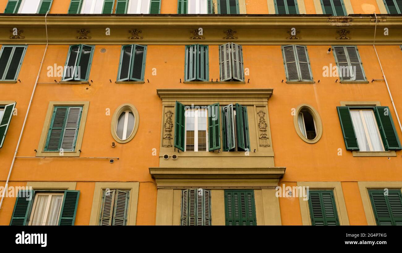 Rome, Testaccio neighborhood. Building facade with two unusual ovals at