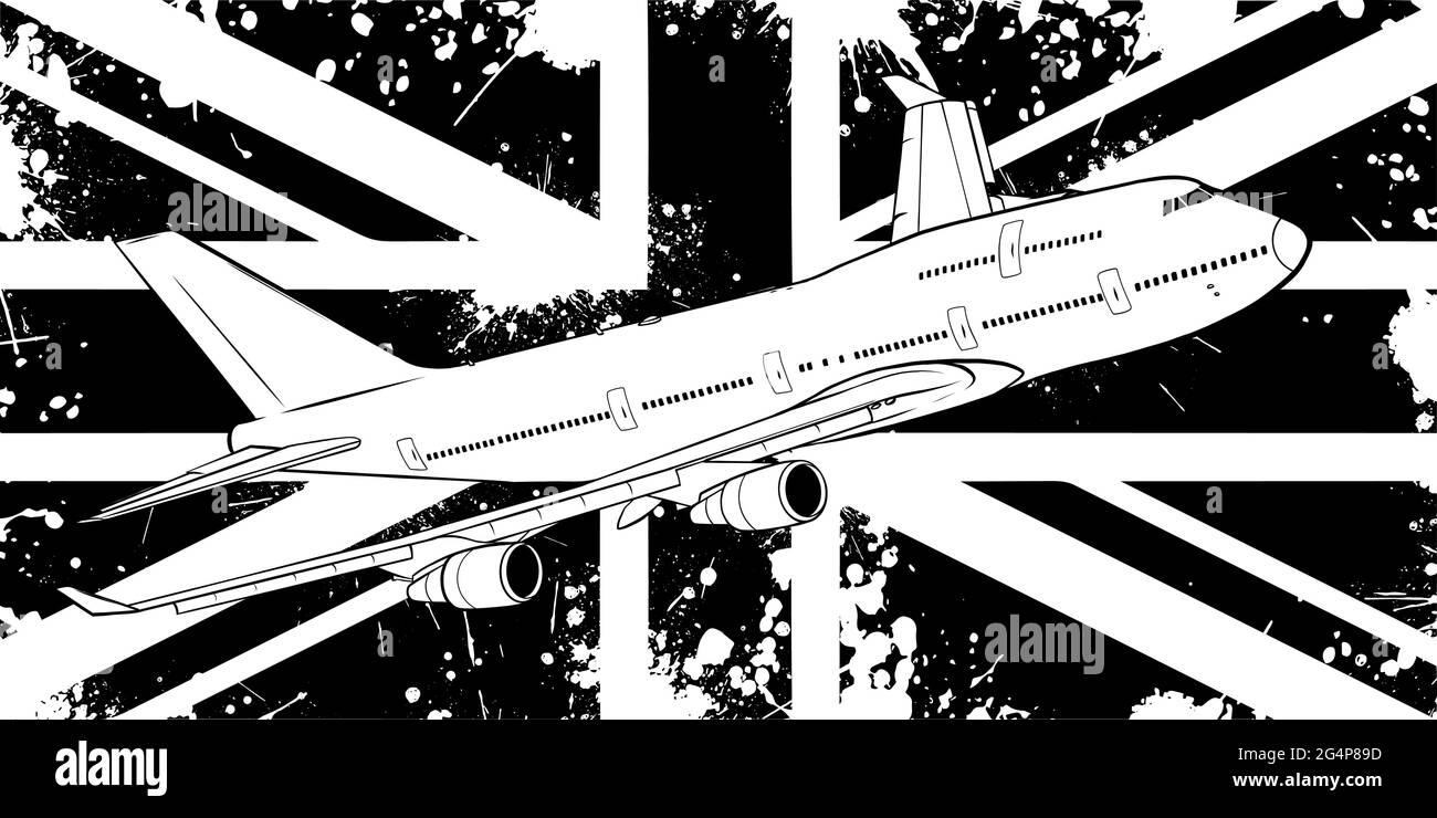 Vector Illustration of a passenger plane flying over the flag of great Britain. Stock Vector