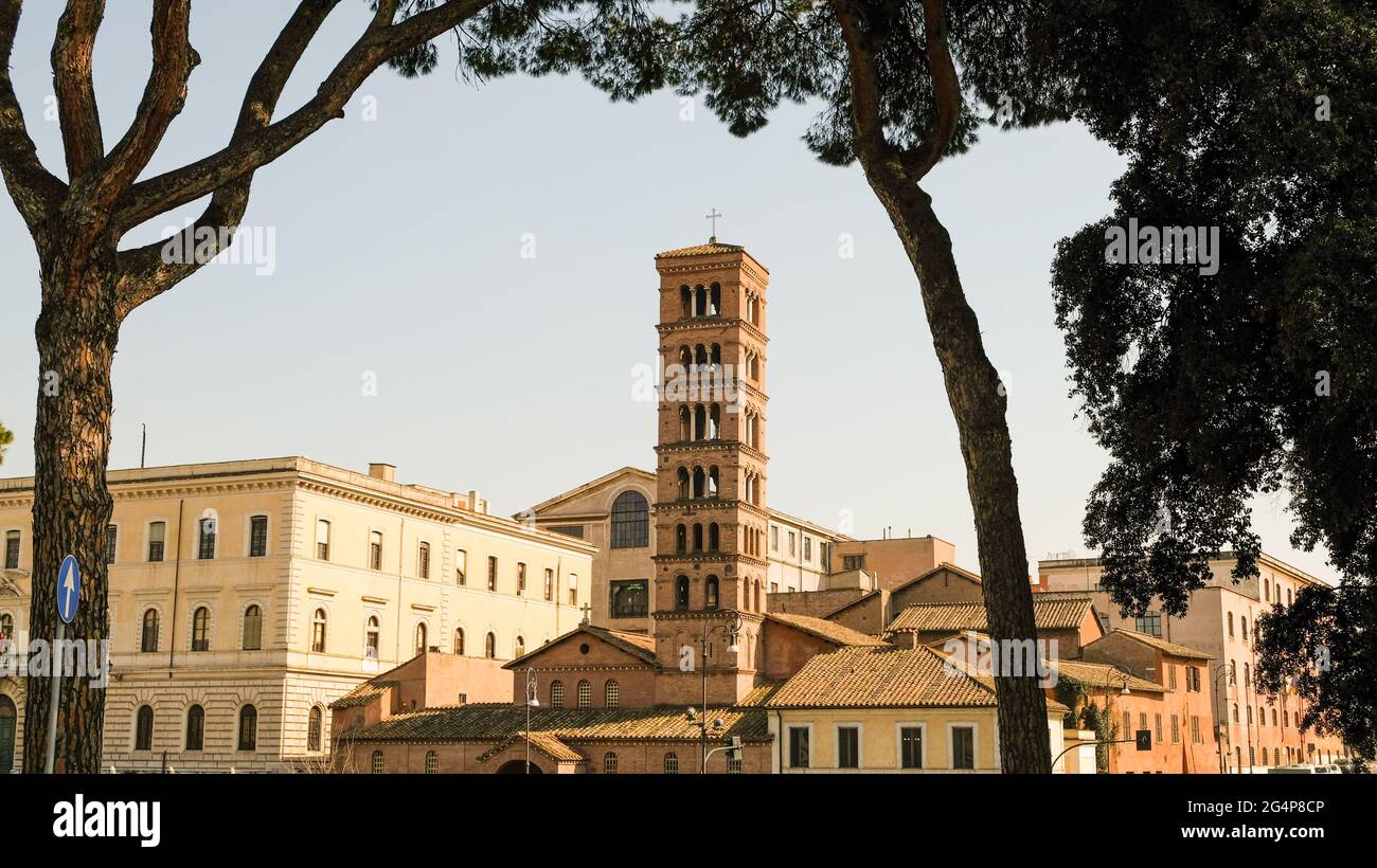 Rome. View of the tower of Basilica of Saint Mary in Cosmedin, that was ...