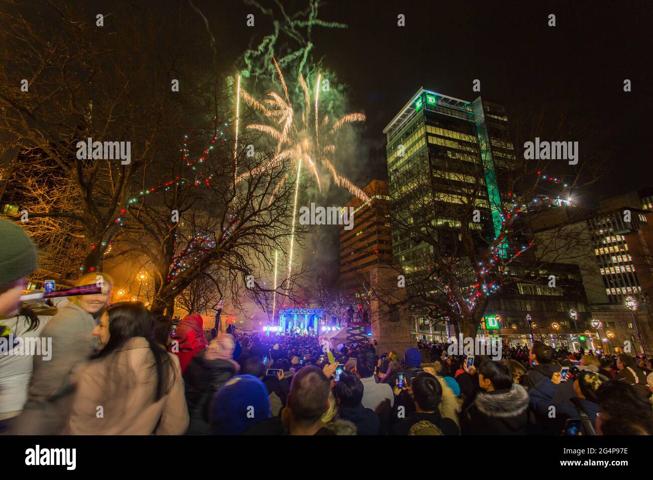 Halifax Downtown Fireworks with cheering background crowd. Beautiful