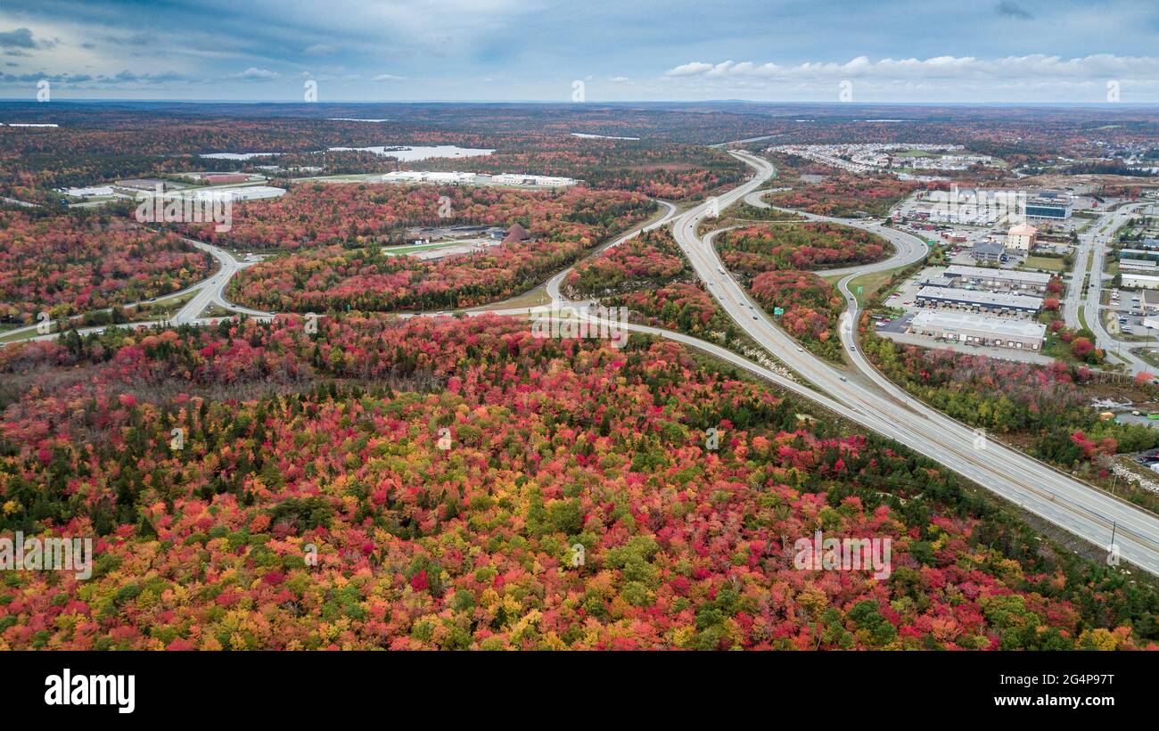 Aerial views of highways and intersections in the autumn landscape in Halifax, Nova Scotia. Aerial views of the beautiful scenic route. Stock Photo