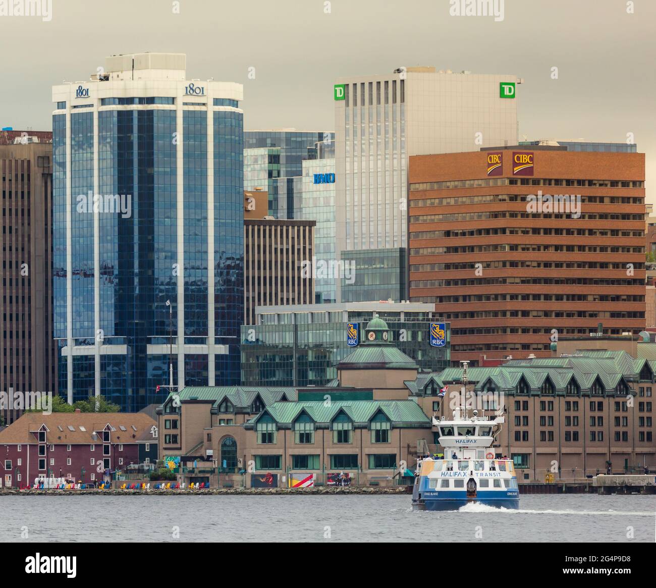 Panorama shot of Halifax  Harbor front along with regional ferry. Halifax Skyline as seen from Dartmouth. Halifax, Nova Scotia, Canada Stock Photo