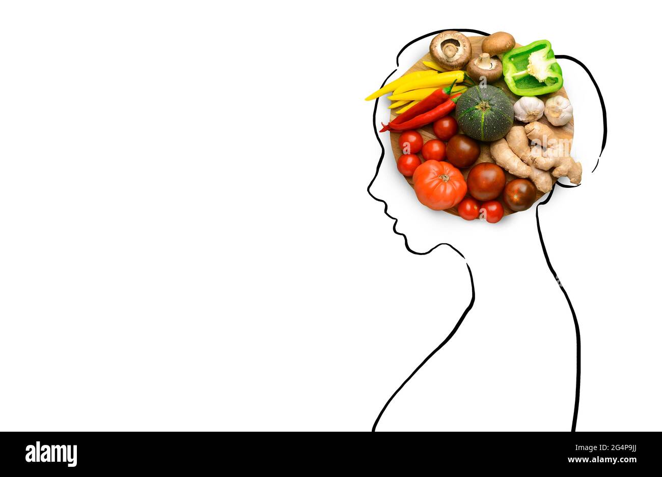 Drawn silhouette of woman with fresh vegetables on white background Stock Photo