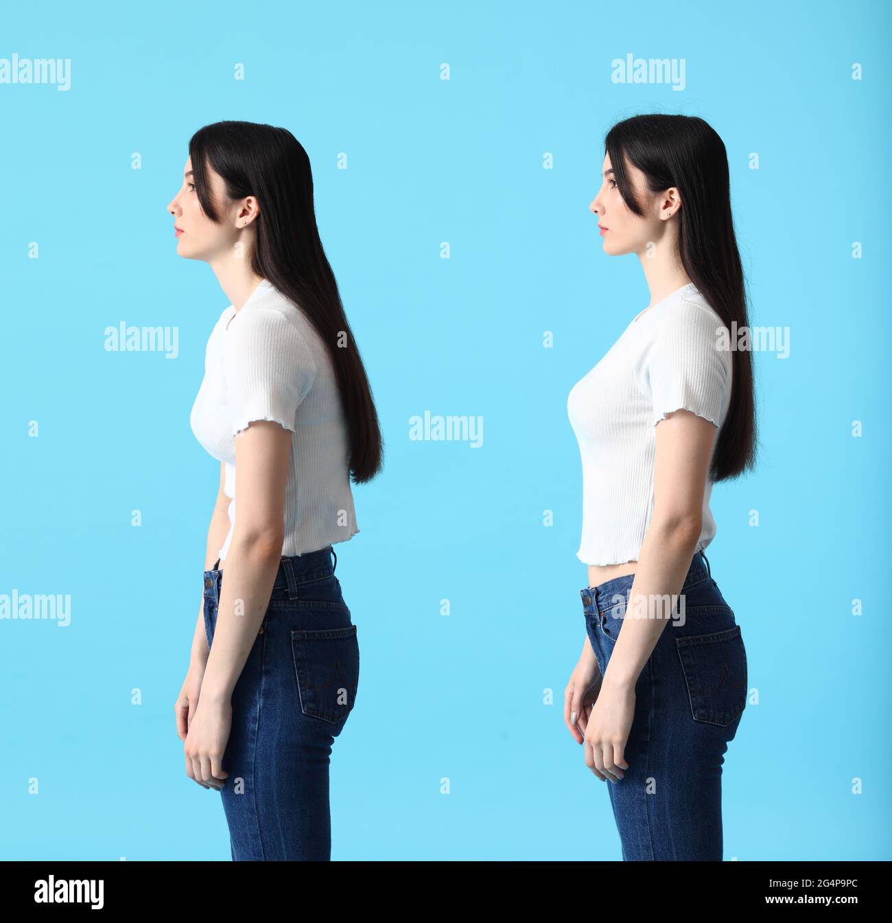 Young woman with bad and proper posture on color background Stock