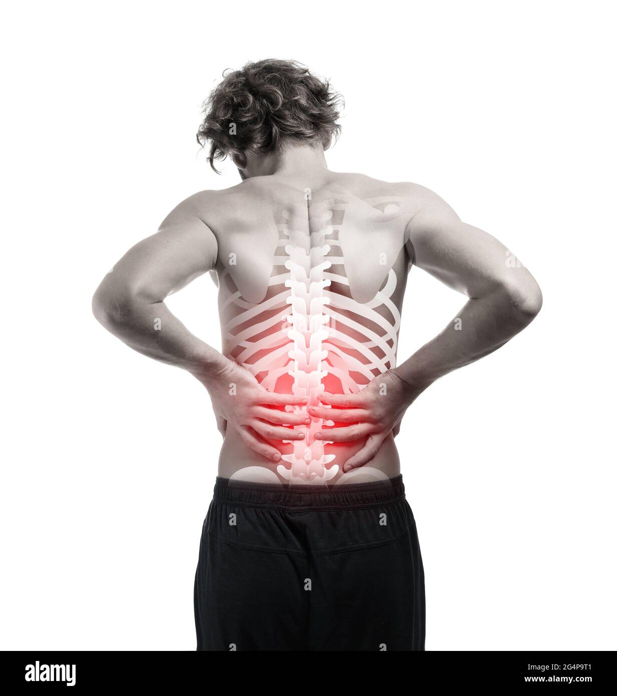 Young man suffering from back pain on white background Stock Photo - Alamy