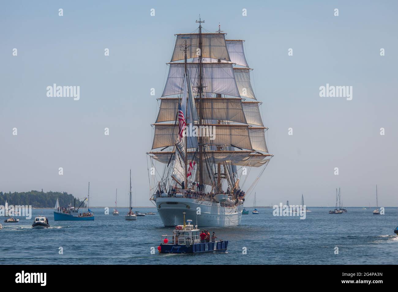 Eagle at Tall ships participating in a parade of sails as part of Rendezvous 2017 in Halifax on Tuesday, Aug. 1, 2017 during the Tall Ships festival Stock Photo