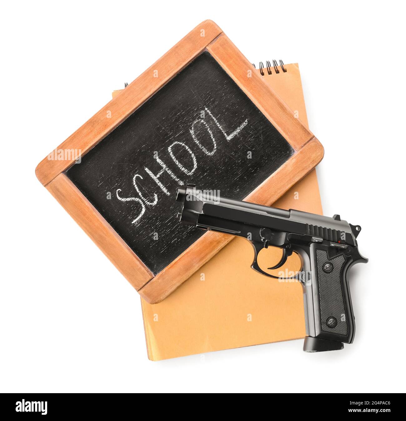 Pistol and chalkboard with notebook on white background. Concept of ...