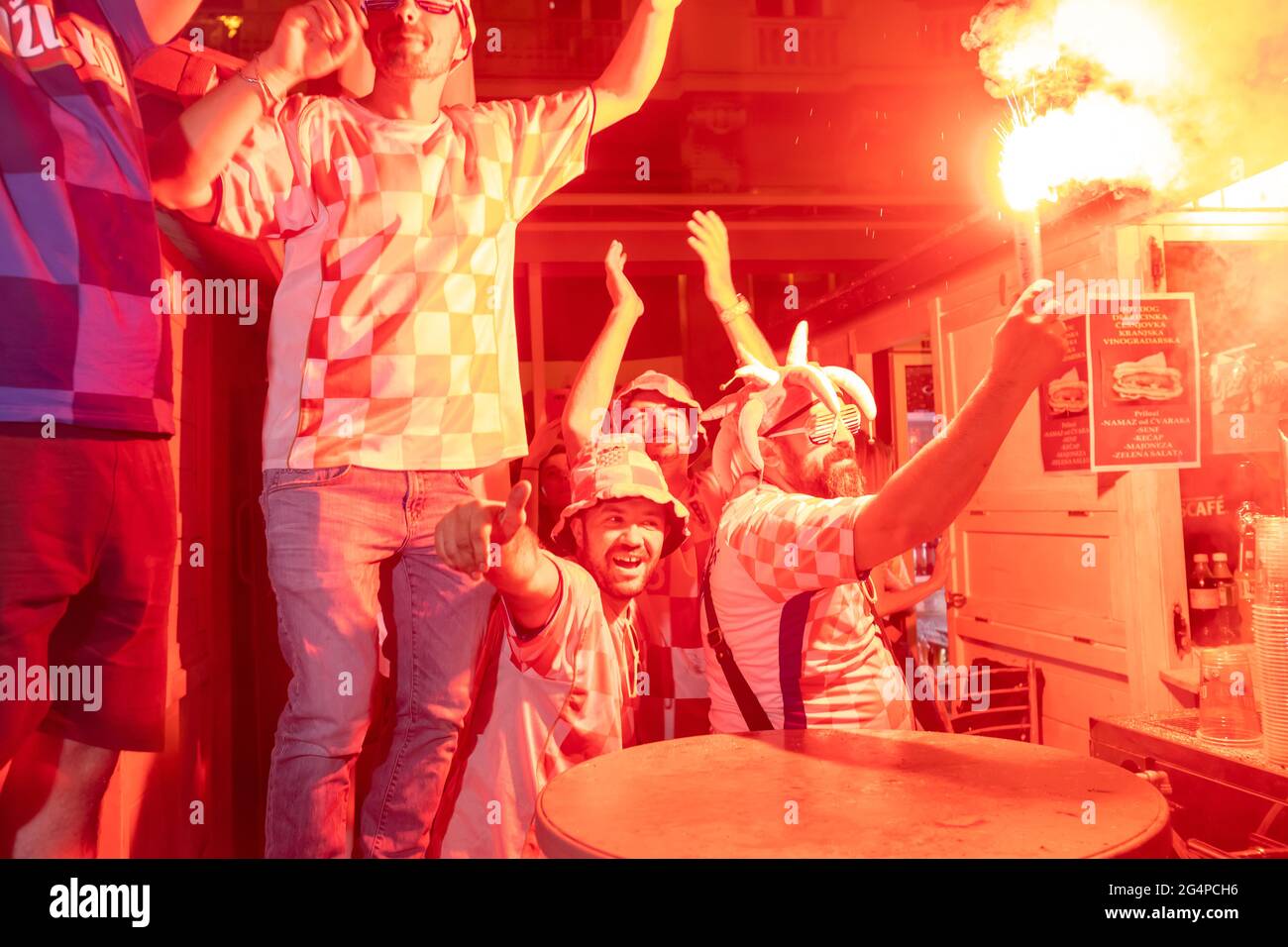 Croatia, 22/06/2021, The atmosphere on Ban Josip Jelacic Square while watching a football match between Croatia and Scotland at Euro 2020 to advance to the round of 16. Fans celebrate Croatia 3-1 win over Scotland and advance to the round of 16. Stock Photo