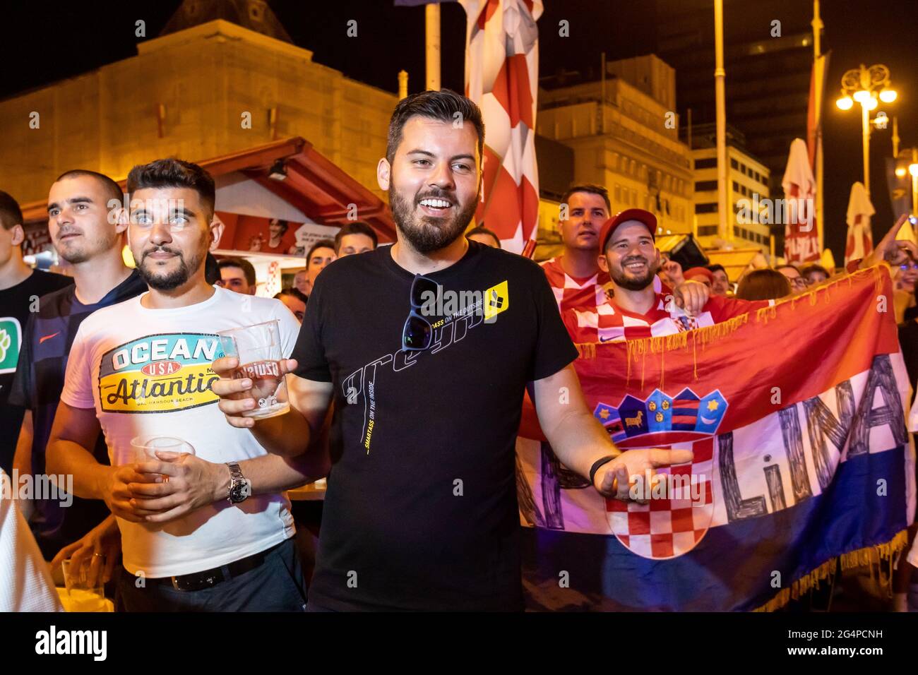 Croatia, 22/06/2021, The atmosphere on Ban Josip Jelacic Square while watching a football match between Croatia and Scotland at Euro 2020 to advance to the round of 16. Fans celebrate Croatia 3-1 win over Scotland and advance to the round of 16. Mate Rimac owner of Rimac Automobili that have made fastes electric car on the world called Nevera, in the crowd celebrating the win of Croatia. Stock Photo