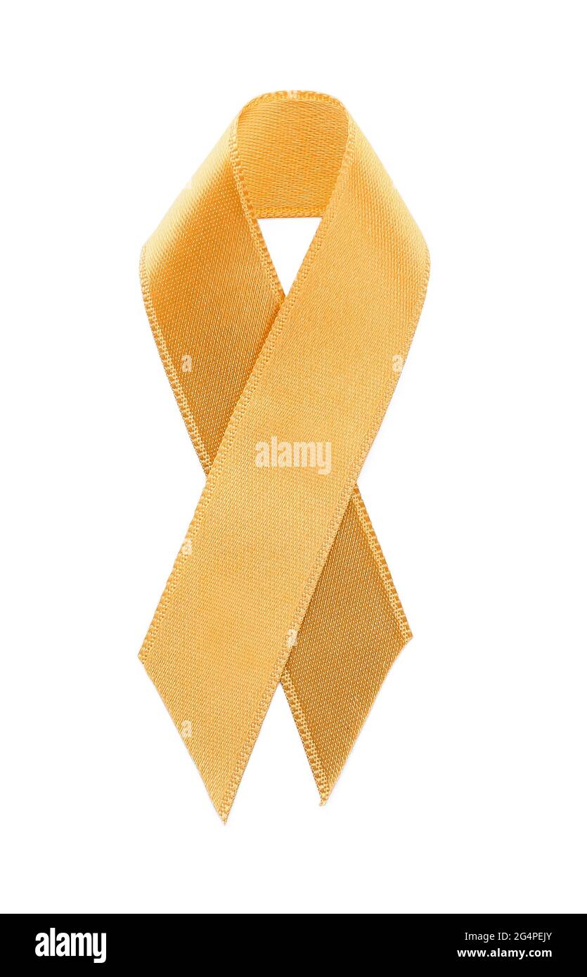 Golden ribbon on white background. Childhood cancer awareness concept Stock Photo