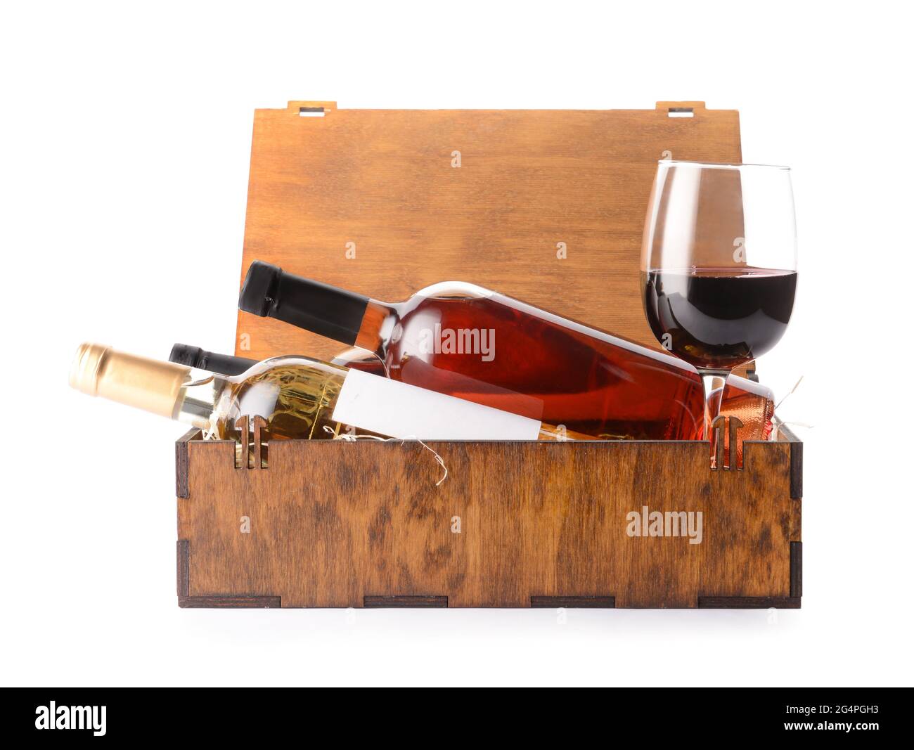 Box with bottles of wine and glass on white background Stock Photo Alamy
