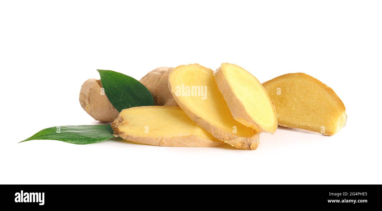 Slices of fresh ginger on white background Stock Photo