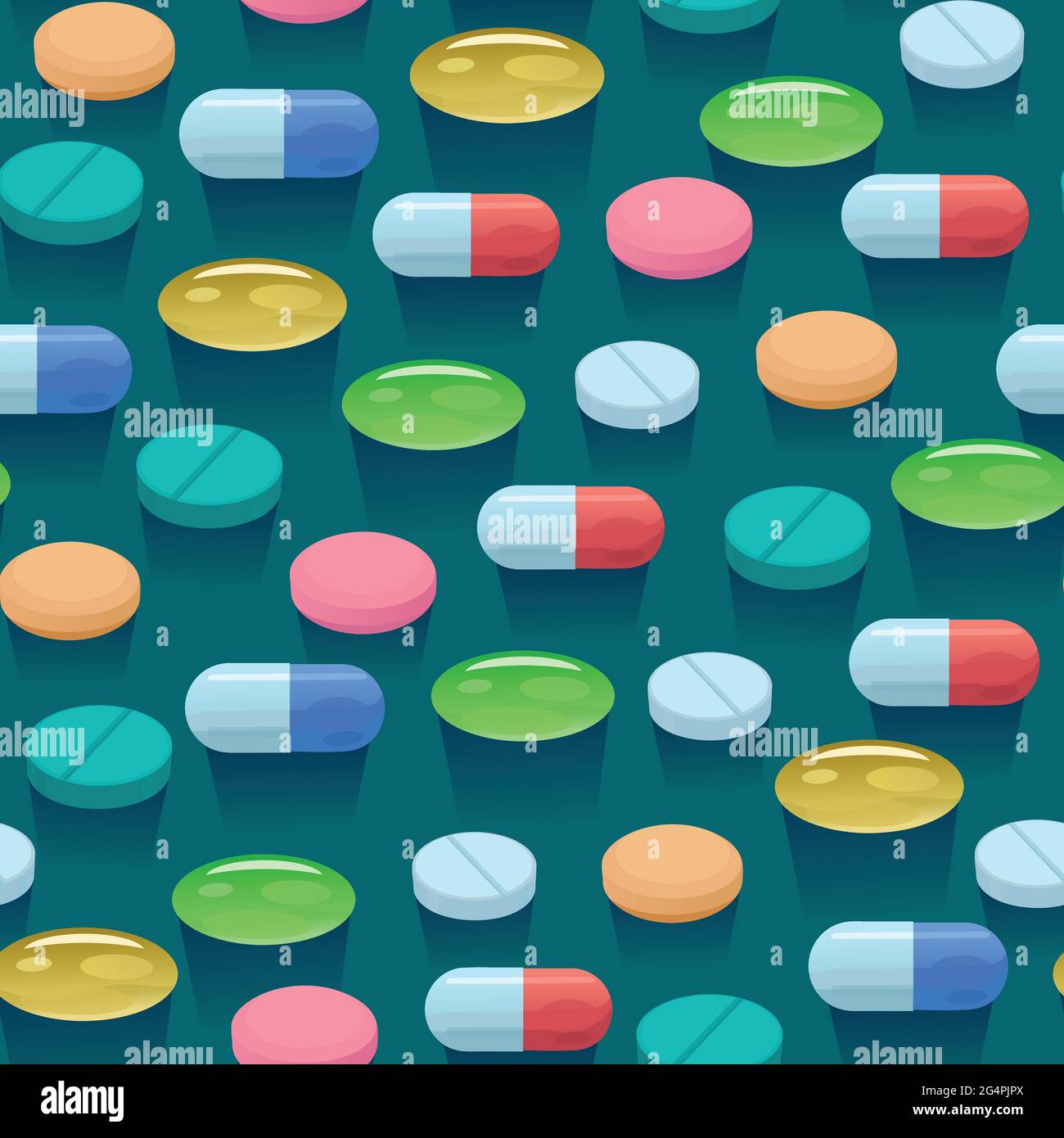 Seamless pattern with colorful bright pills and capsules. Stock Vector