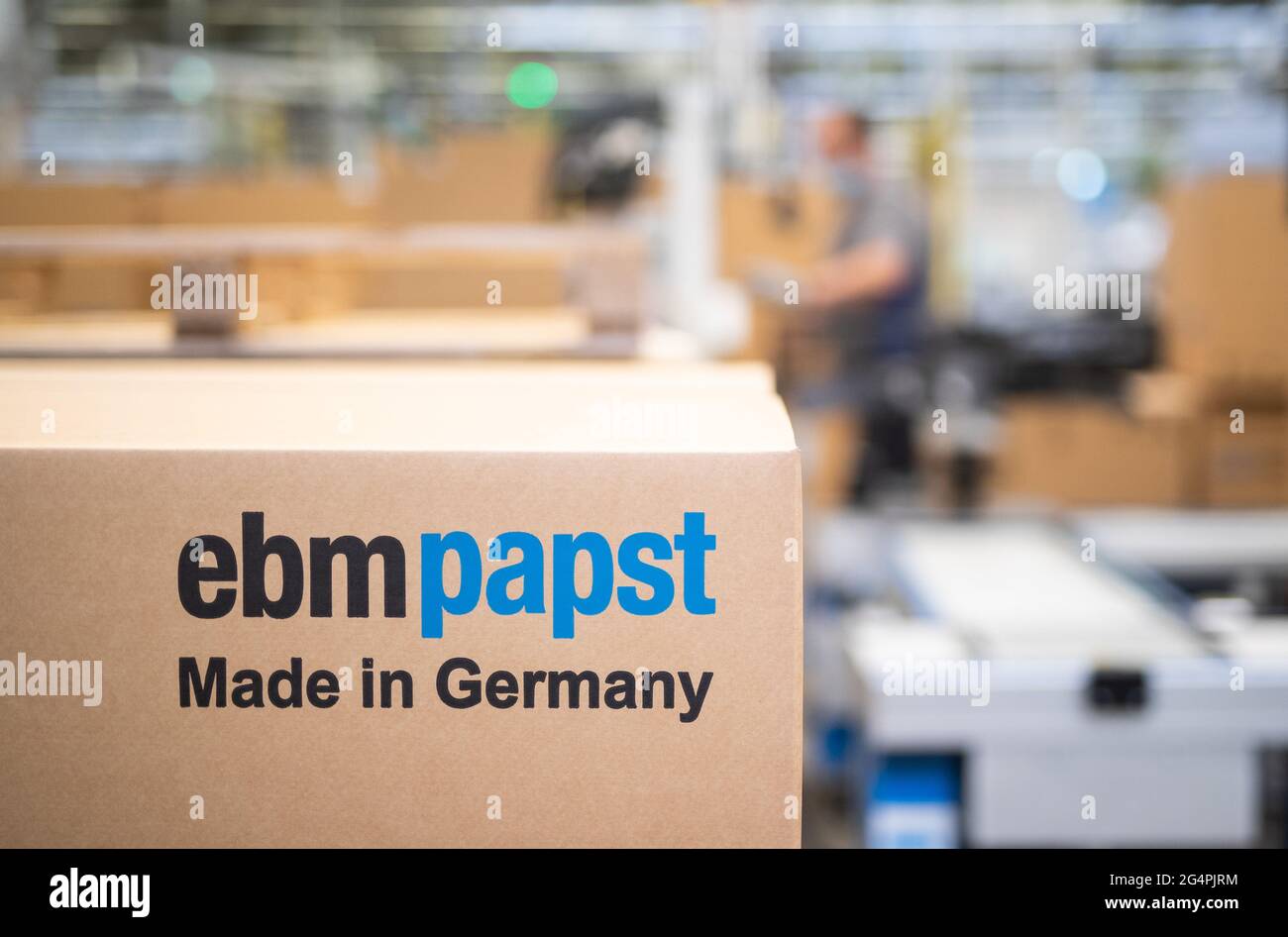 Mulfingen, Germany. 17th June, 2021. ebmpapst - Made in Germany is written  on a cardboard box at the company headquarters of fan manufacturer EBM-Papst.  (to the online annual press conference of the