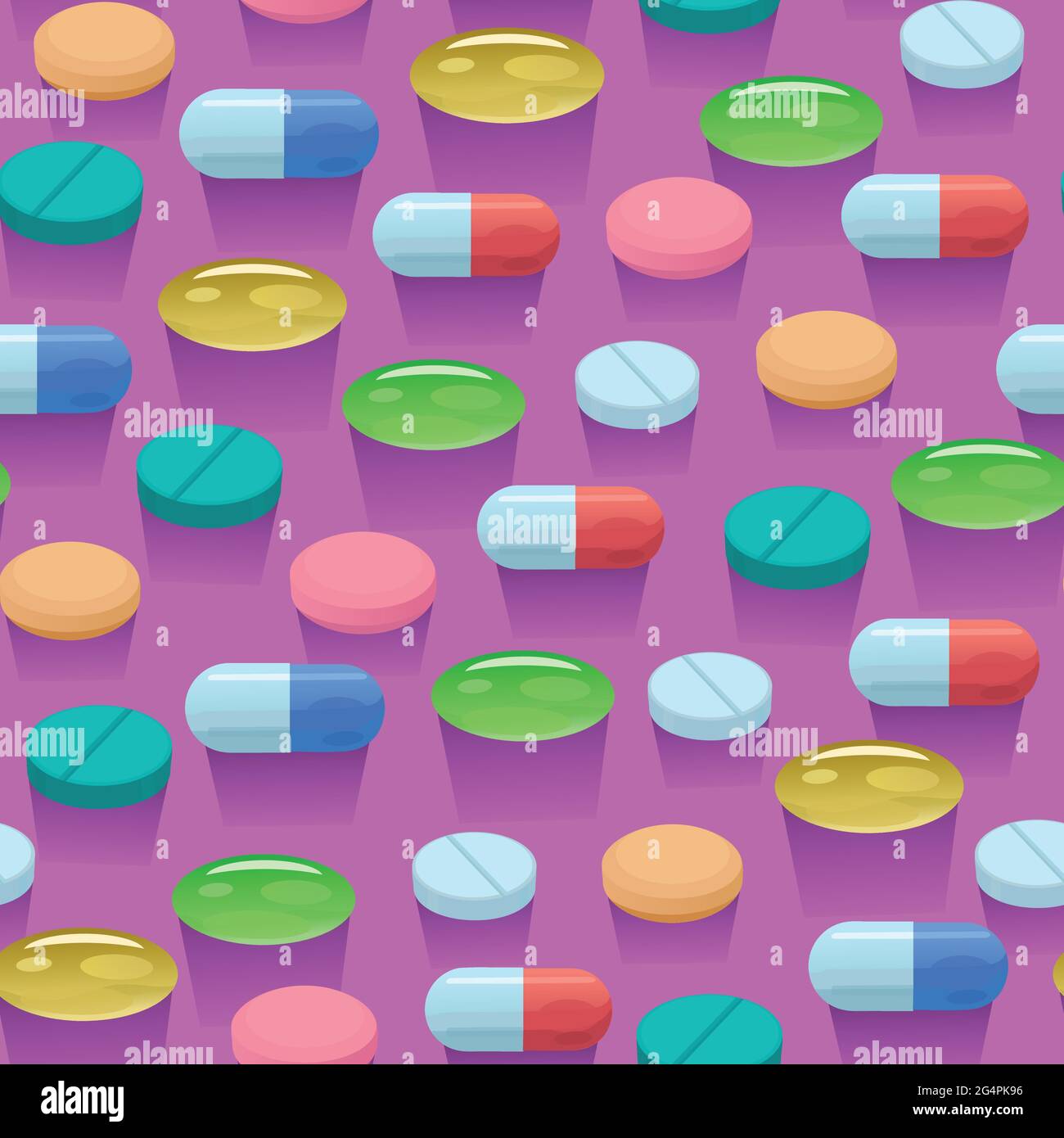 Seamless pattern with colorful bright pills and capsules. Stock Vector