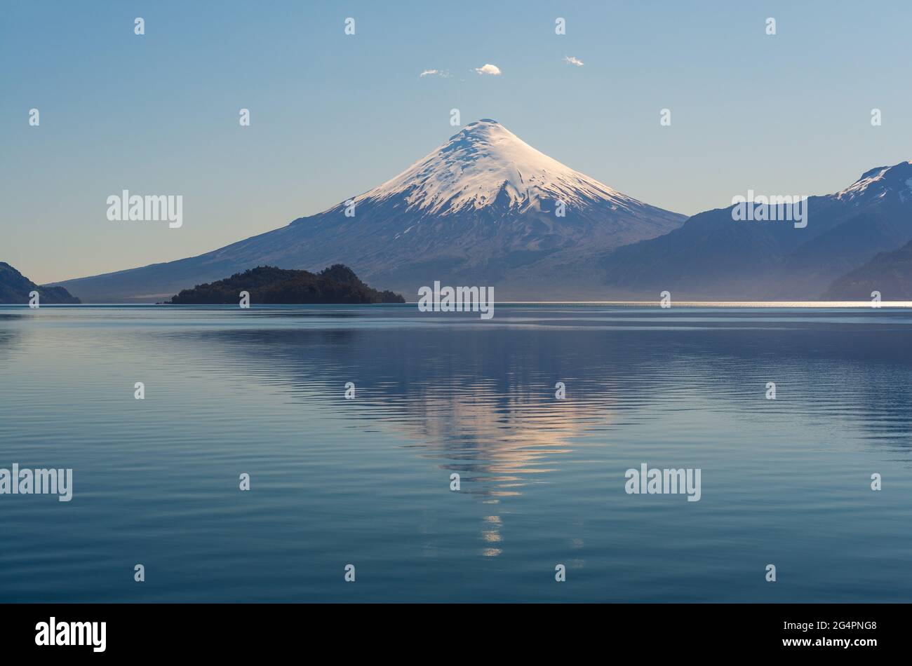 Osorno volcano snowcapped peak by All Saints Lake near Puerto Varas, Chilean lake district, Chile. Stock Photo