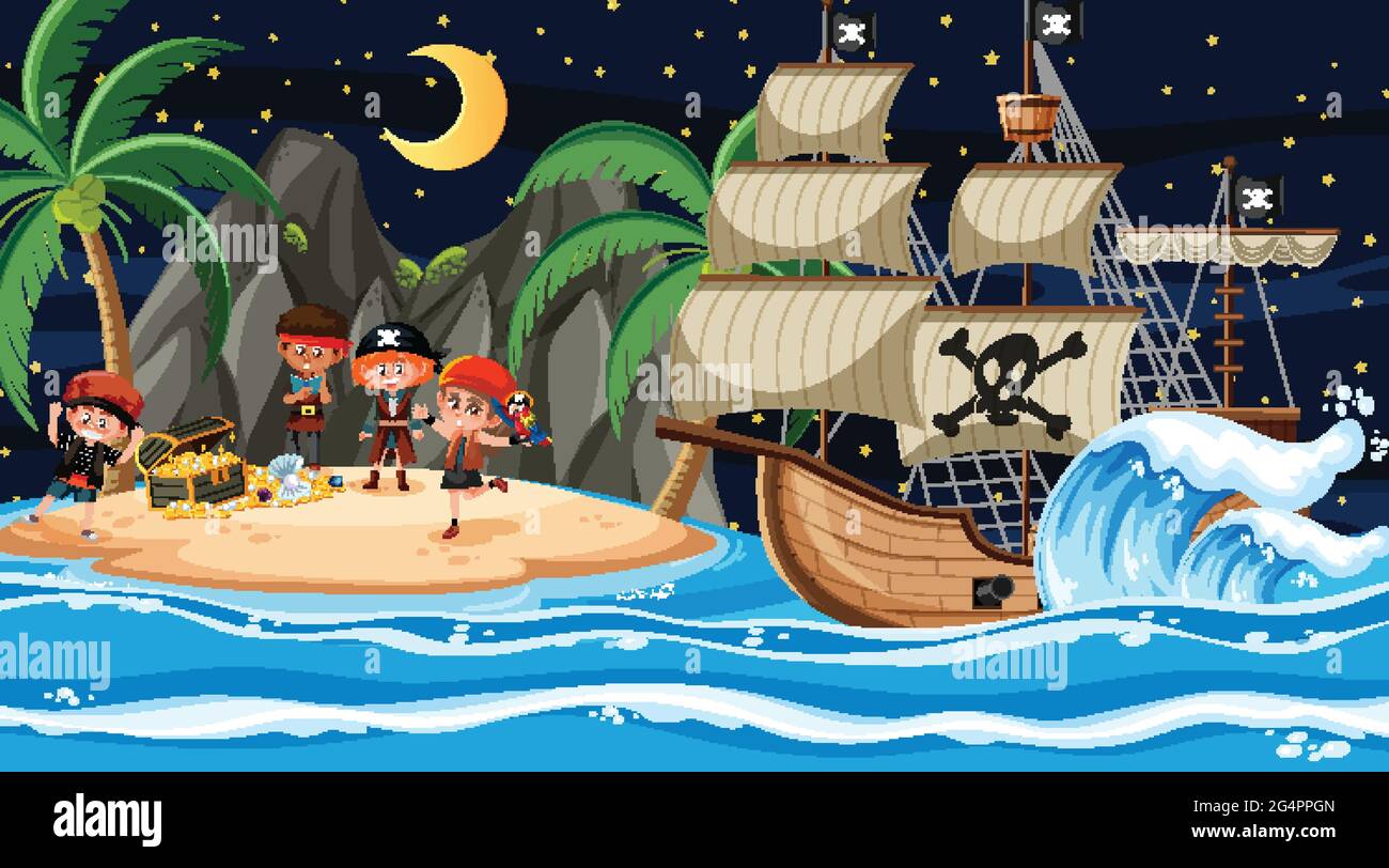 Treasure Island scene at night with Pirate kids illustration Stock ...