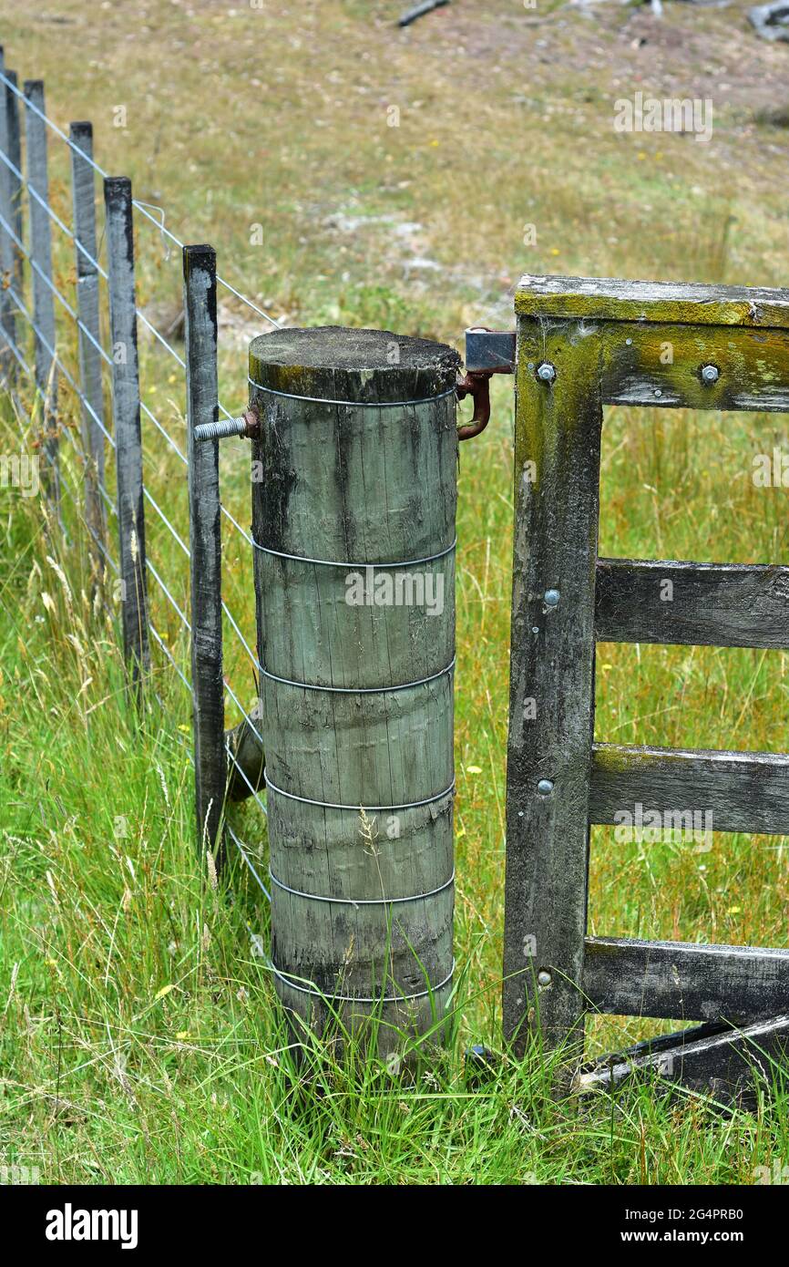 Paddock wire fence with thick pole holding heavy timber gate on bolted hinges. Stock Photo